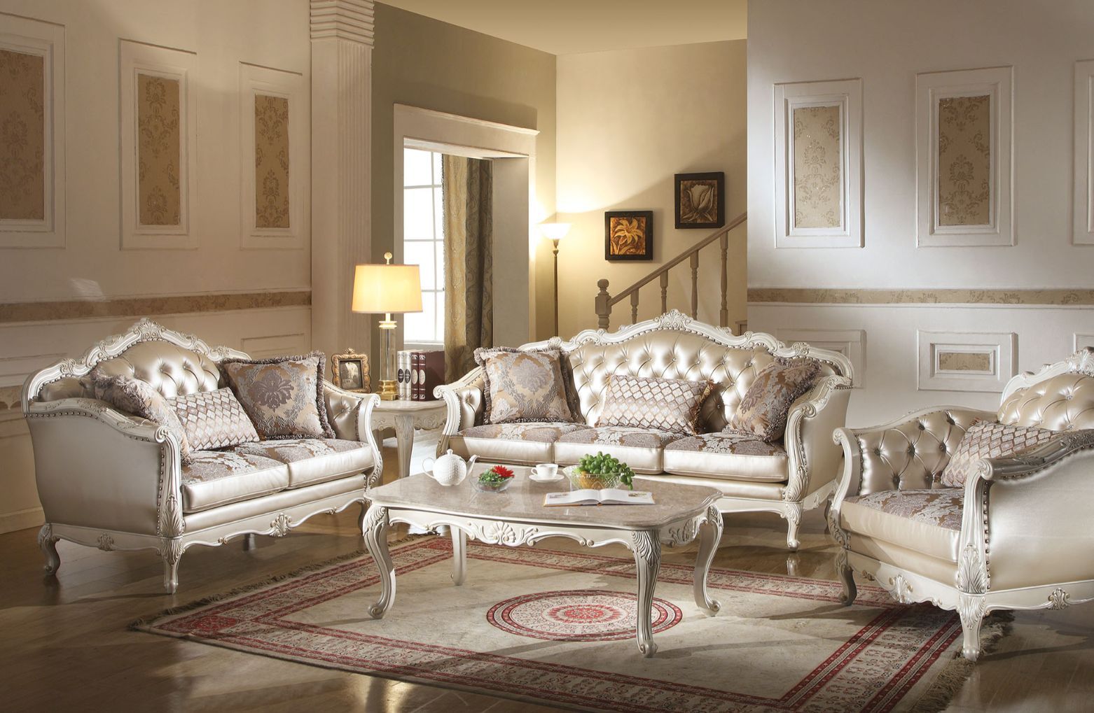ACME Chantelle - Sofa - Rose Gold PU/Fabric & Pearl White | Meri Furniture