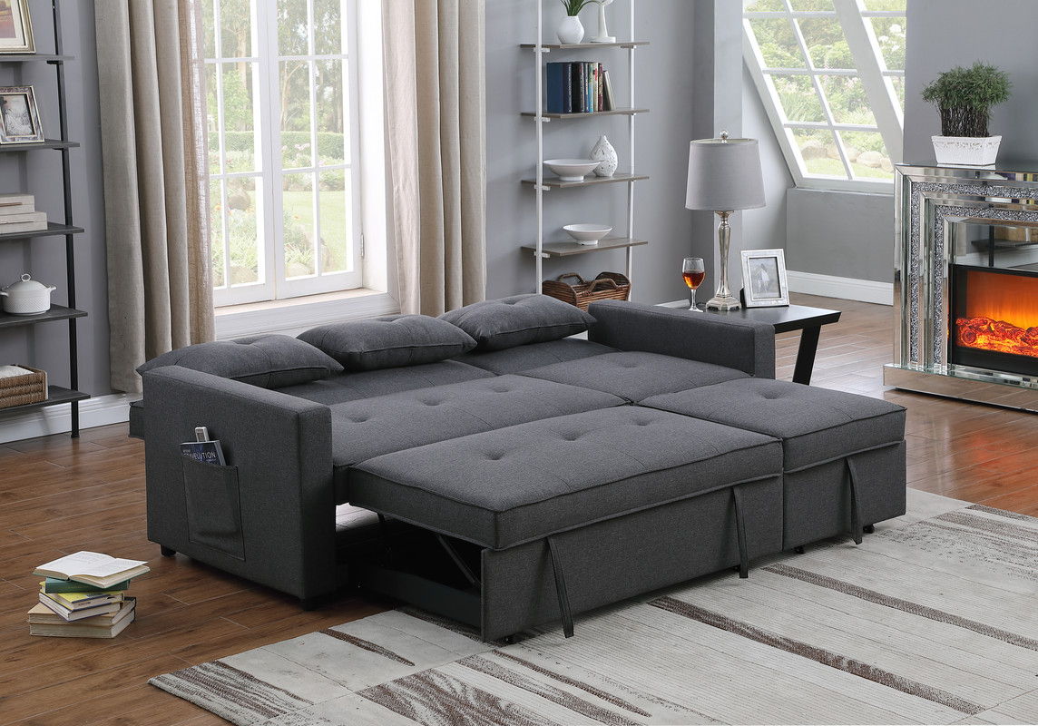 Zoey 79.75"W Dark Gray Linen Convertible Sleeper Sofa with Side Pocket