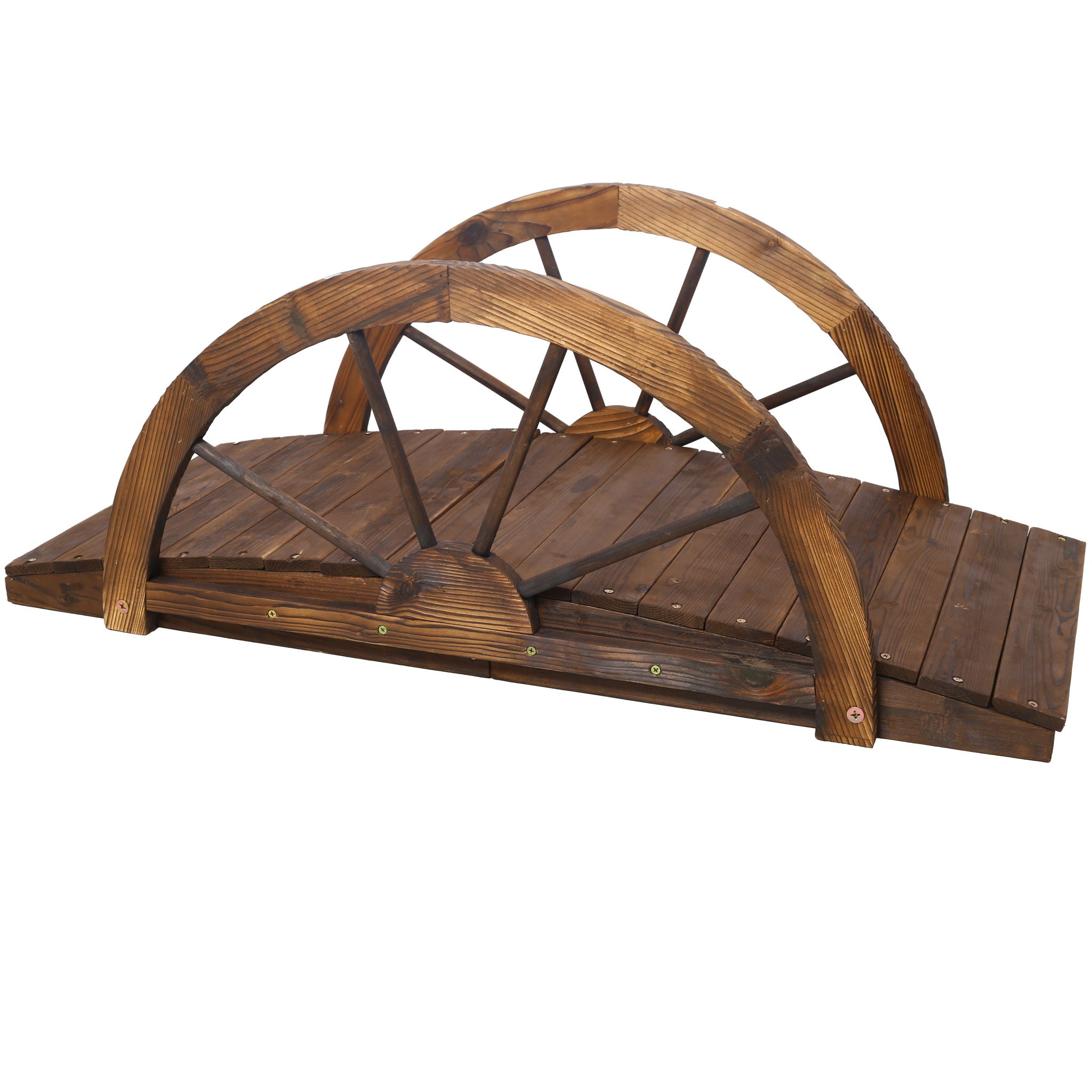 Wooden Garden Bridge Arc Footbridge With Half Wheel Railings Solid Fi - Brown
