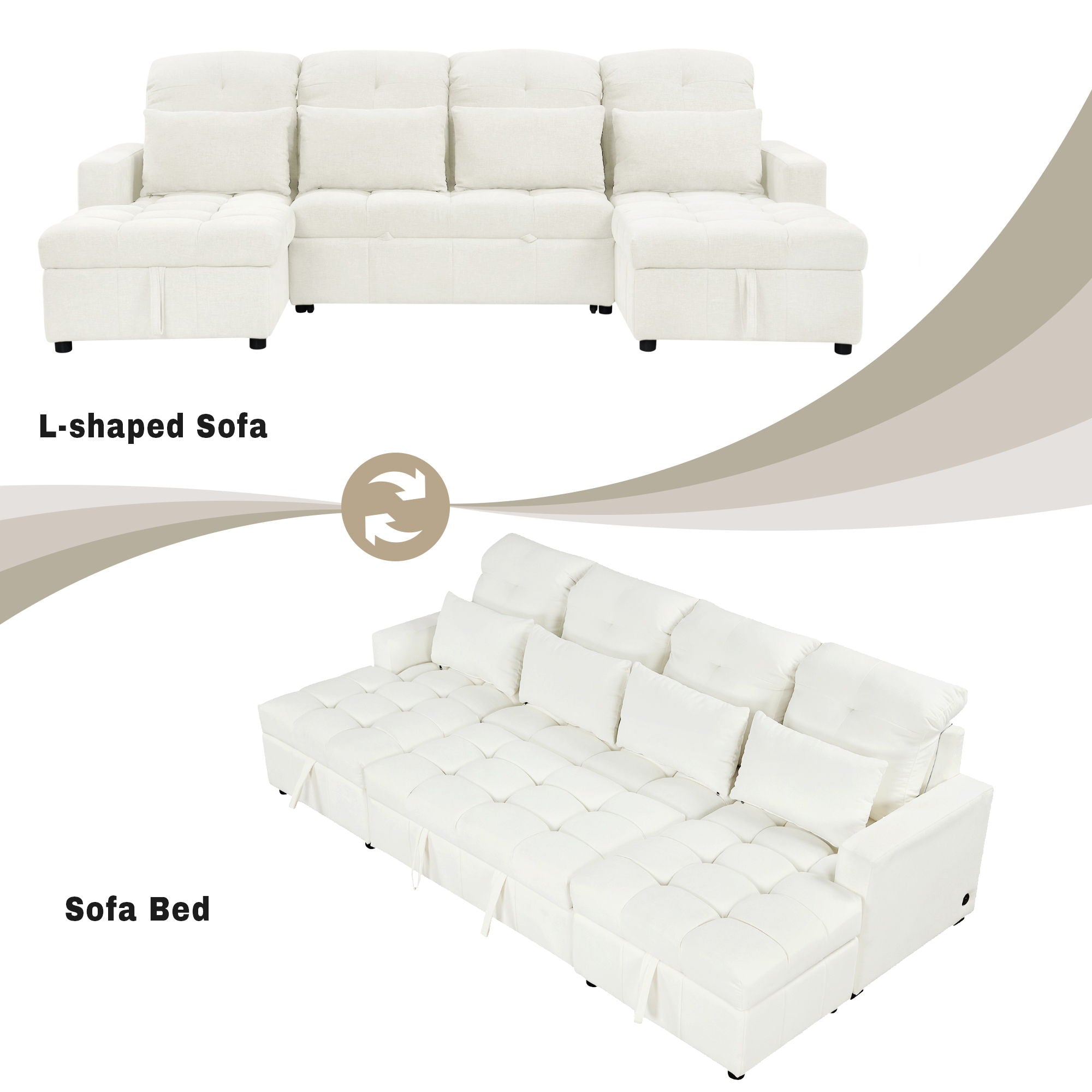 Oversized U-Shaped Versatile Sectional, Pull-Out Sofa Bed With Double Storage Chaise Lounges And 2 USB Ports For Living Room