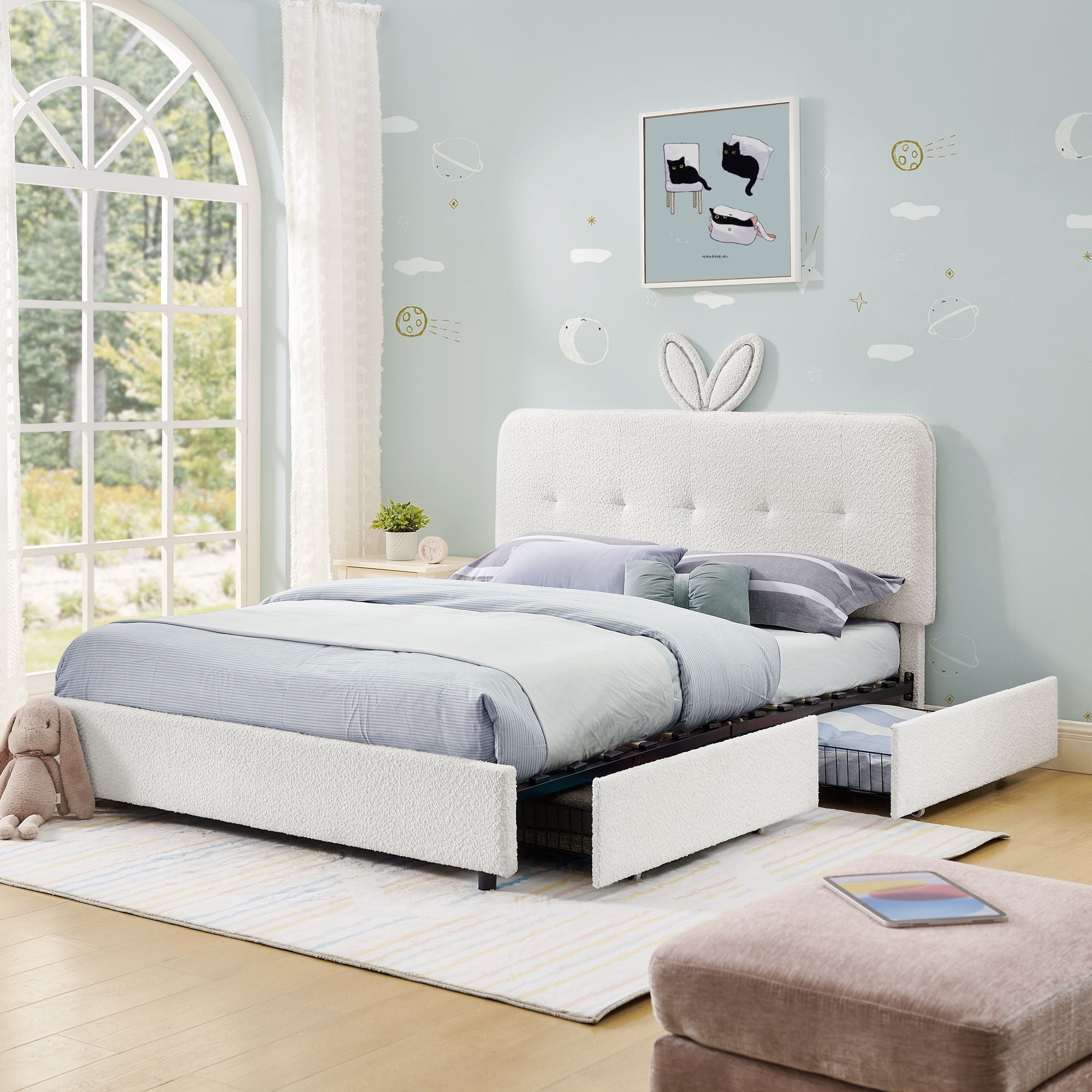 Upholstered Bed With Oversized Rabbit Ear Headboard, LED Lights & 4 Storage Drawers