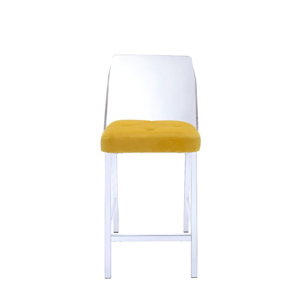 The Nadie II counter height side chairs feature comfortable button tufted seats, with clear Acrylic Bucket Style mid high backrest and tapered legs in a velvet finish.