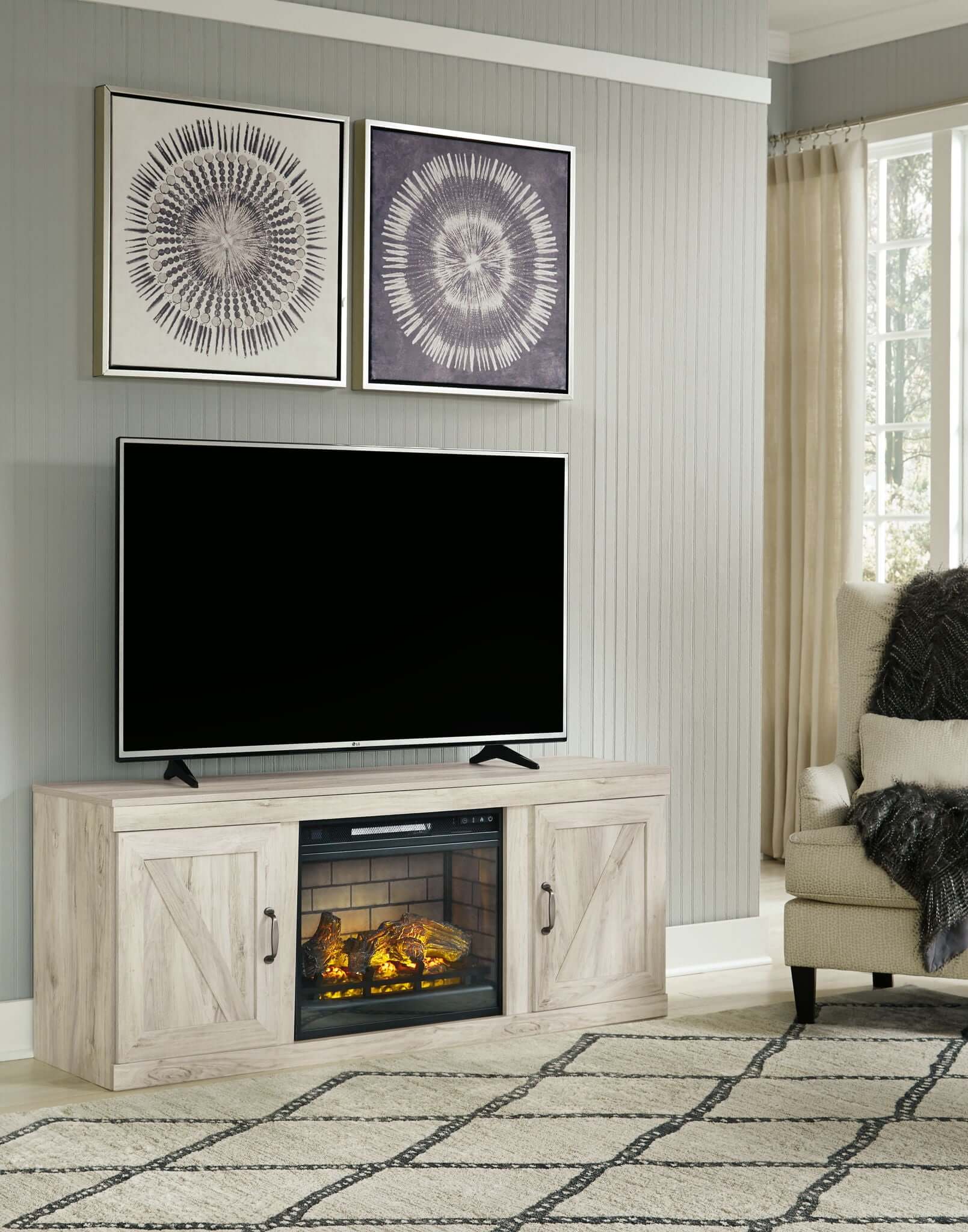 Bellaby - TV Stand With Faux Firebrick Fireplace Insert - Whitewash