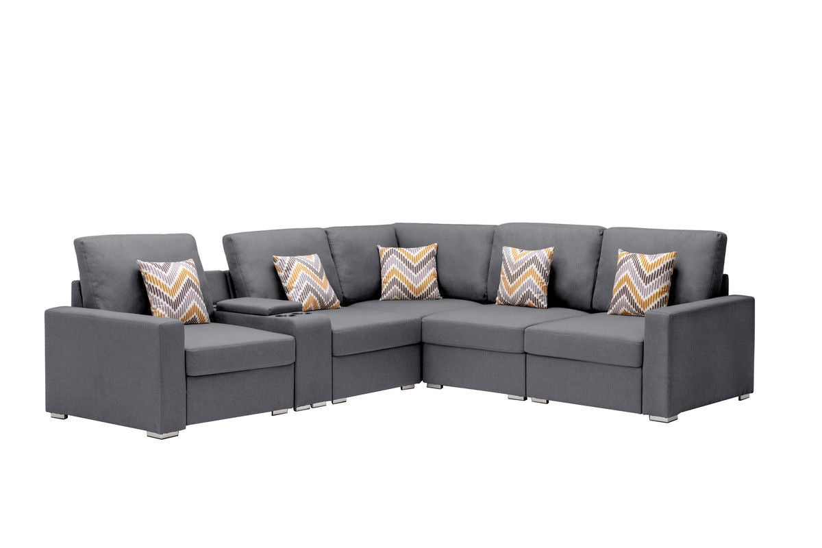 Nolan 106"W Gray Linen Fabric 6Pc Reversible Sectional Sofa with a USB, Charging Ports, Cupholders, Storage Console Table and Pillows and Interchangeable Legs