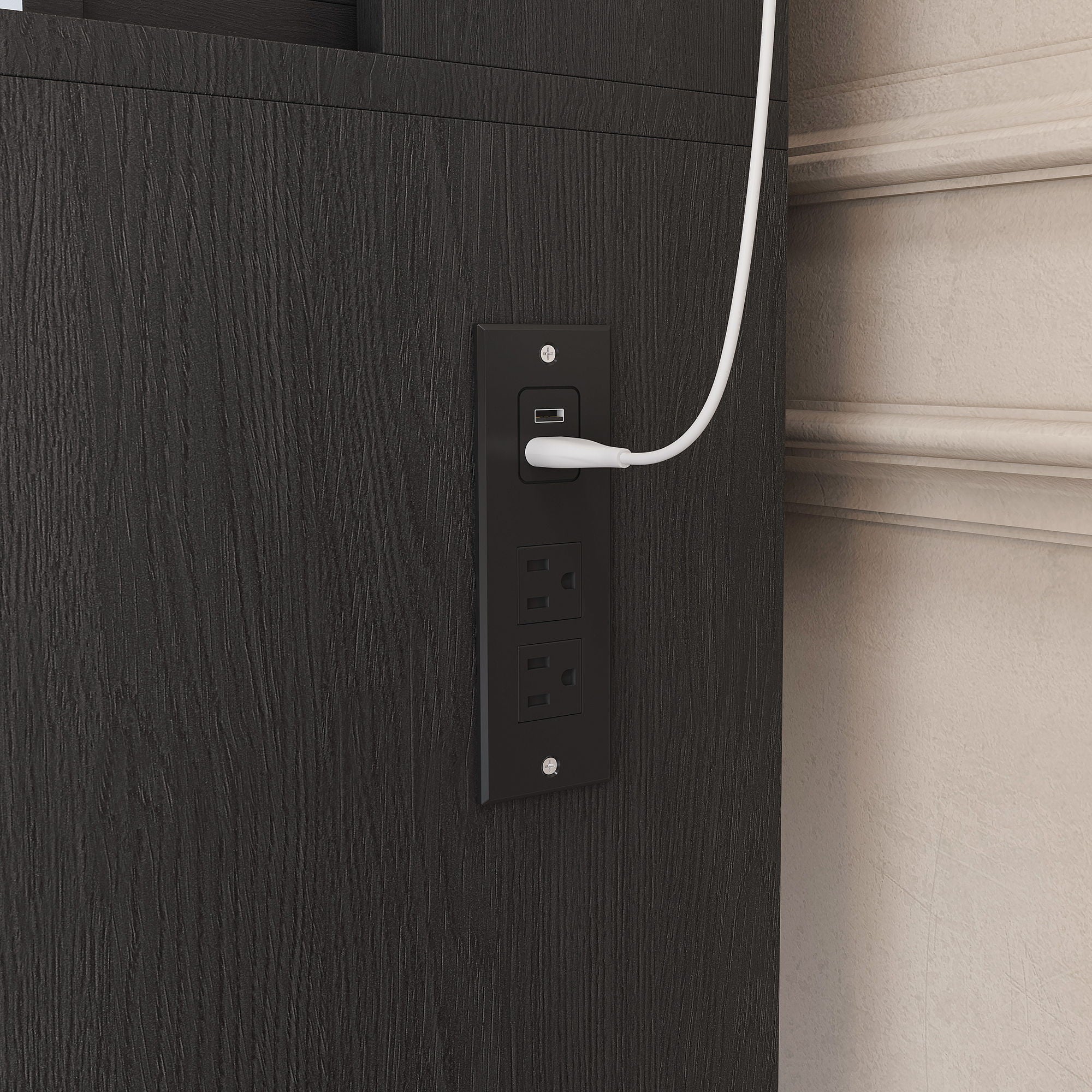 Vanity Table With Mirror, Adjustable LED Lights, Power Outlet, Hairdryer Holder & Stool