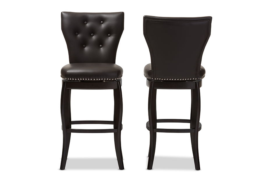Leonice Modern and Contemporary Dark Brown Faux Leather Upholstered Button-tufted 29-Inch 2-Piece Swivel Bar Stool Set