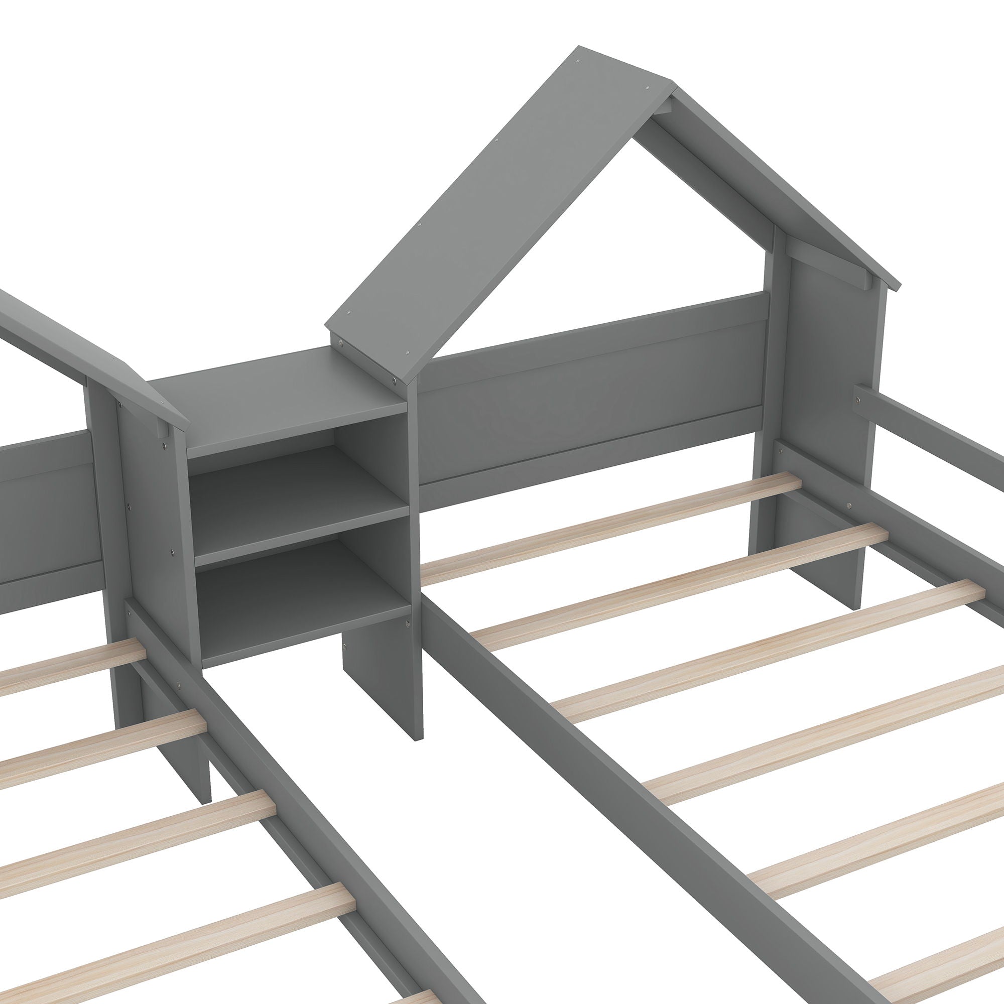 Double Platform Bed With House Shaped Headboard And Built In Nightstand