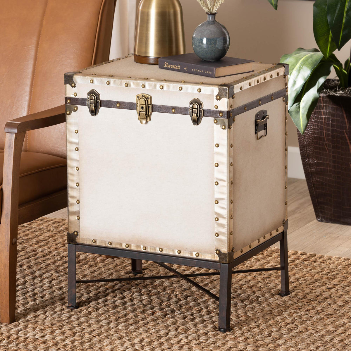 Laura Vintage White Canvas Lift-Top Trunk End Table