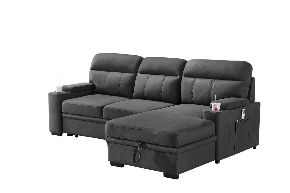 Kaden 94"W Gray Fabric Sleeper Sectional Sofa Chaise with Storage Arms and Cupholder