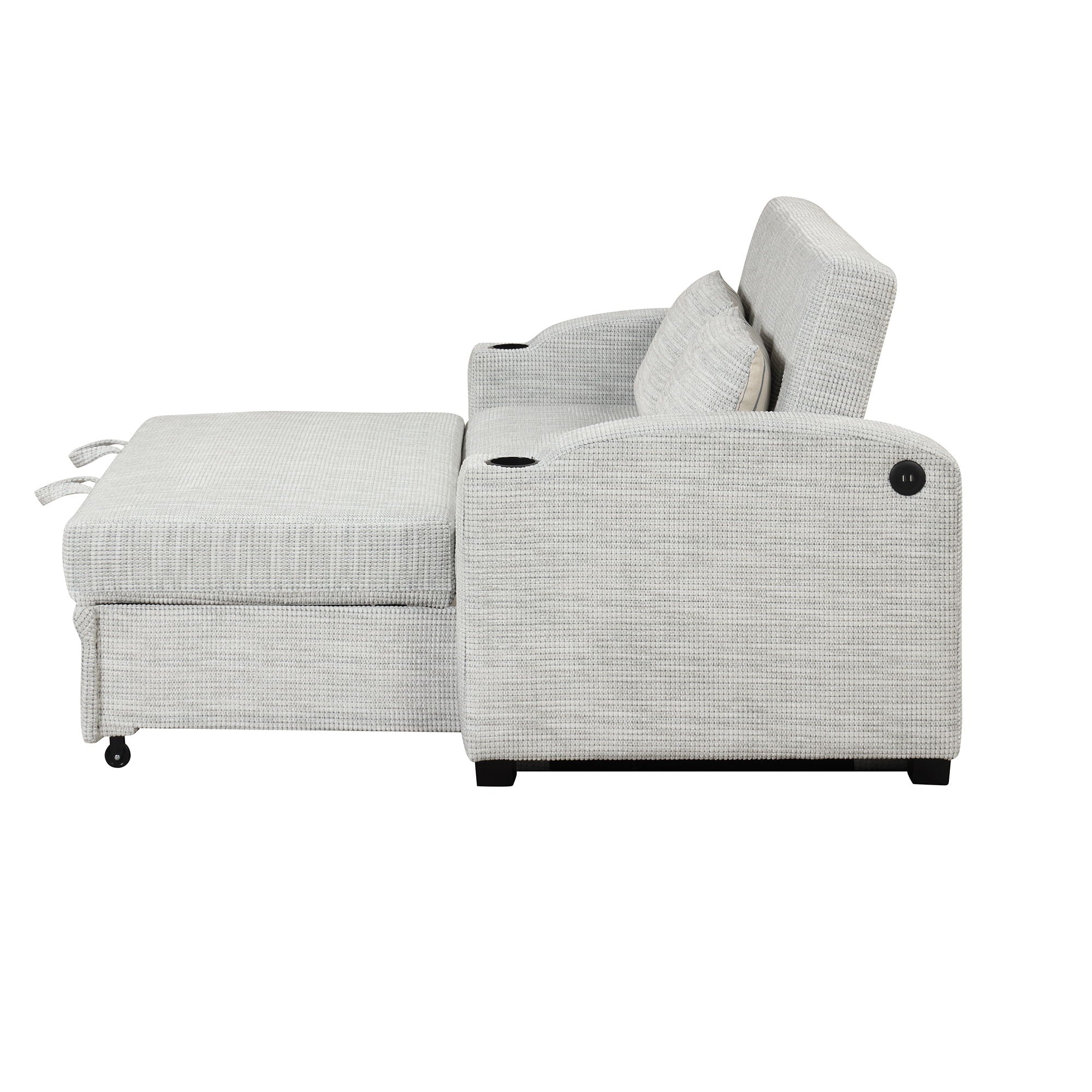 Pull Out Loveseat Sofa With Adjsutable Backrest, 2 Pillows, Cup Holders, USB Ports For Living Room