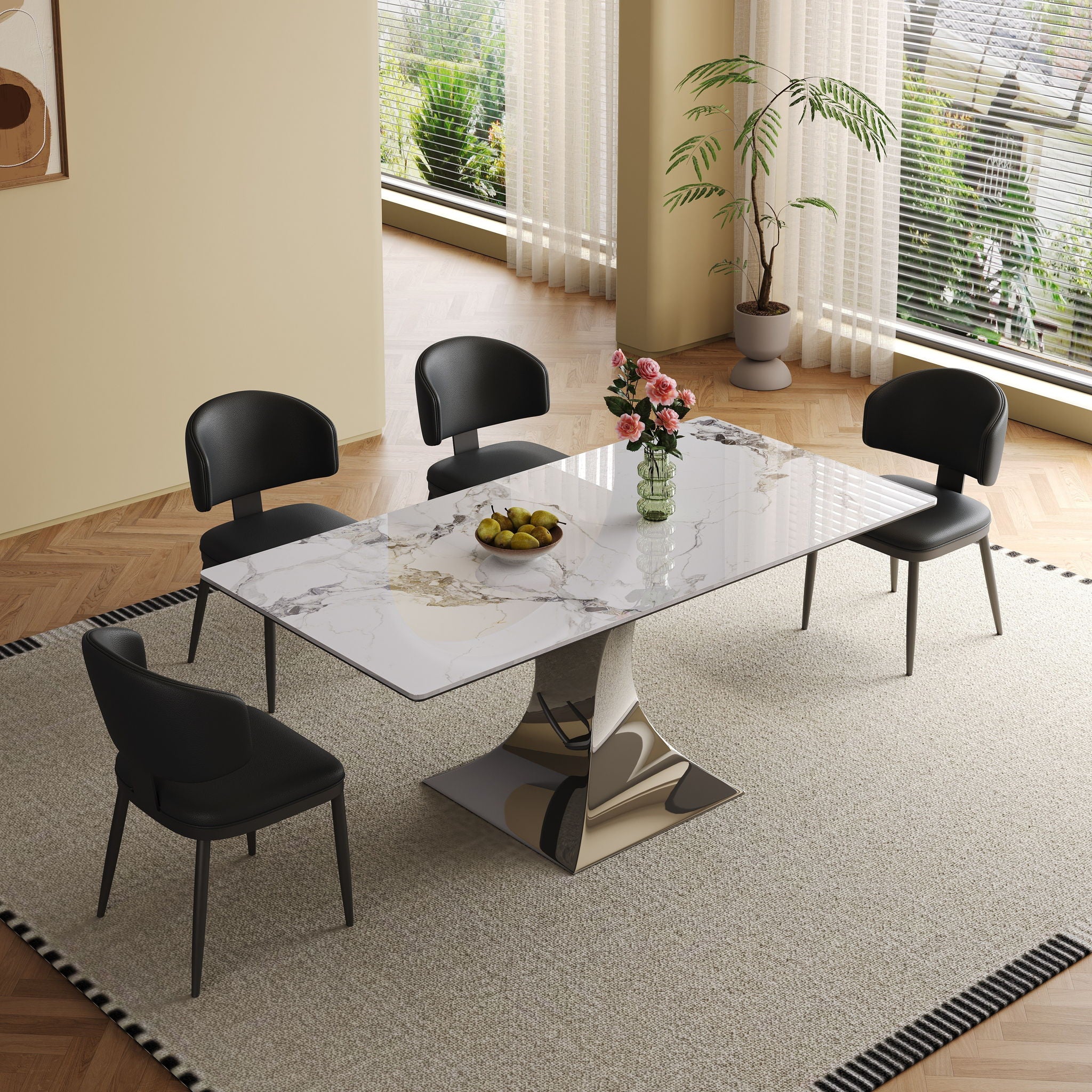 Modern Rectangular Dining Table For 6 - 8, Plated Hourglass Base