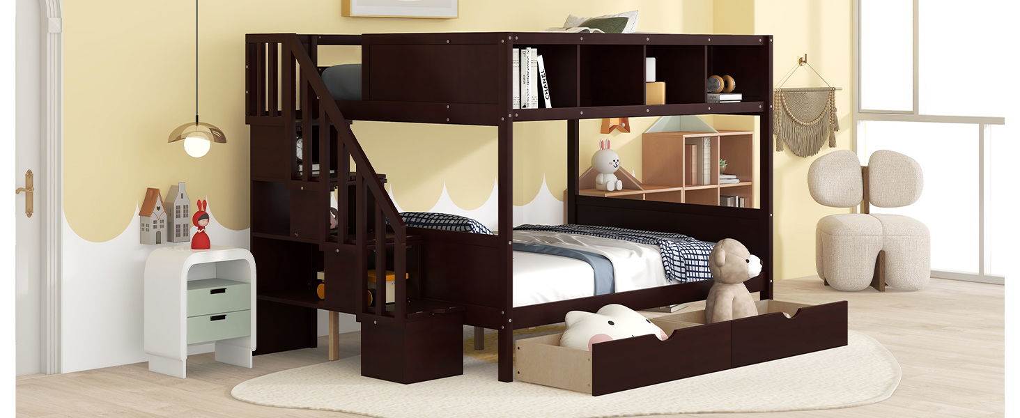 Bunk Bed With Shelfs, Storage Staircase And 2 Drawers