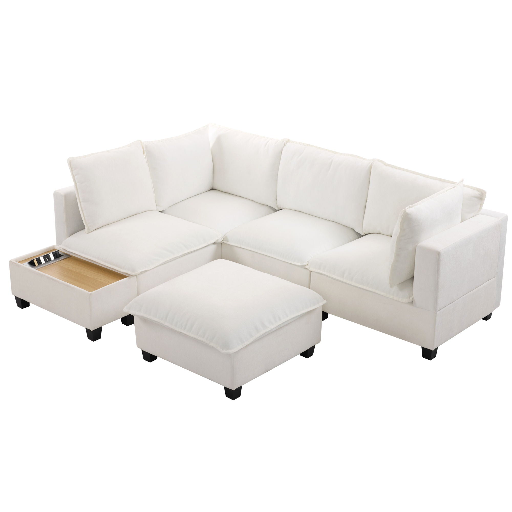U-Shaped Sectional Modular Sofa With A Movable Ottoman, A Coffee Table With Hidden Charging Devices For Living Room