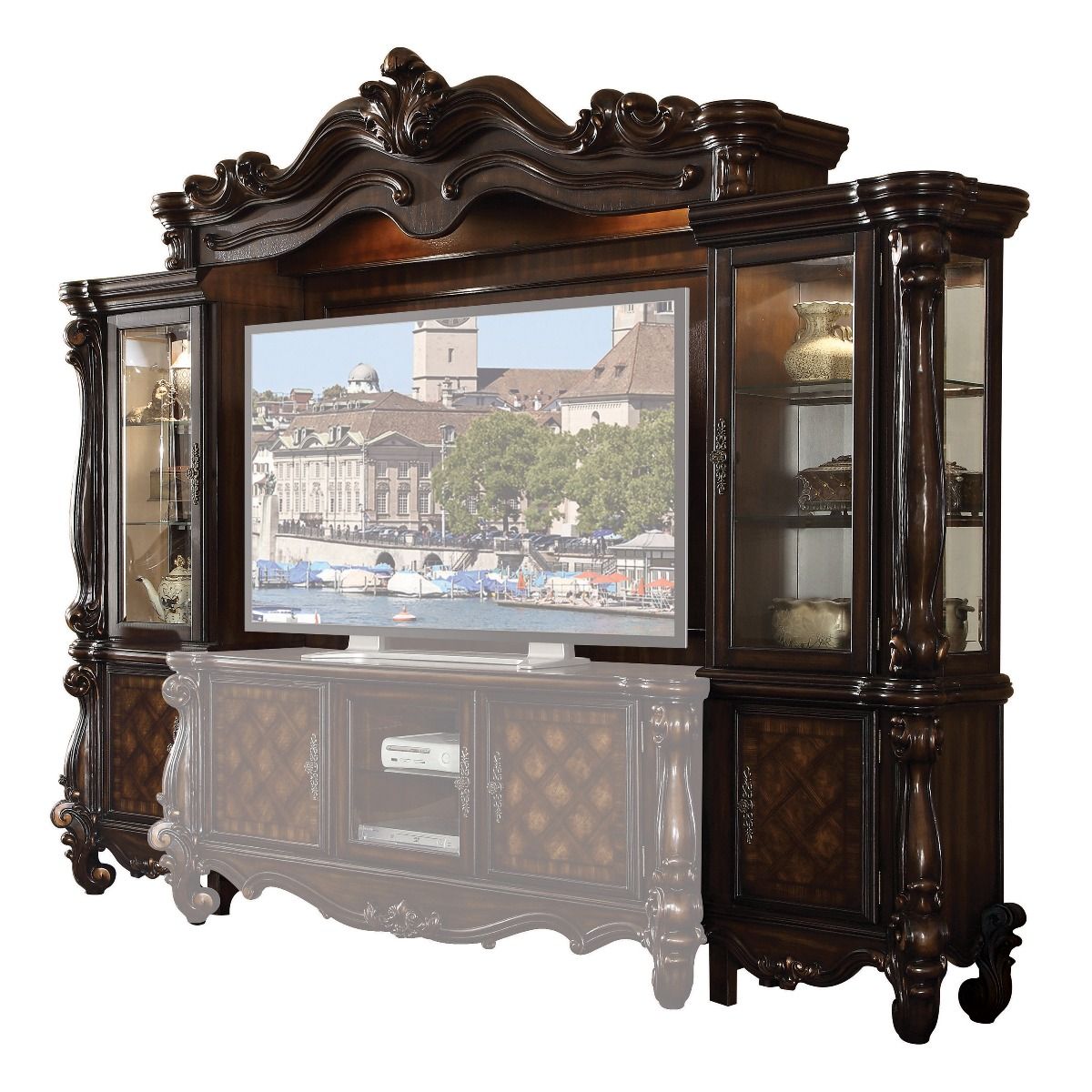 The Versailles the entertainment center was inspired by old European design. This collection features carved scrollwork accent on the bridge's crown.