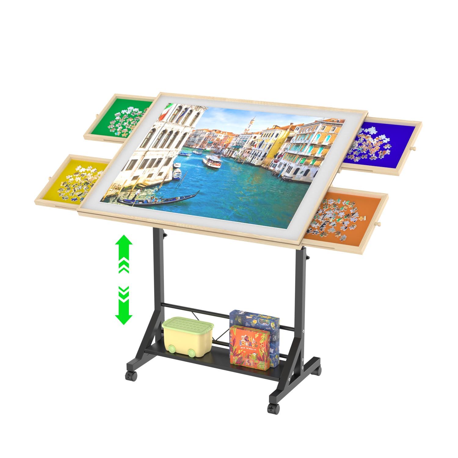 360 Degree Tilting Wooden Puzzle Table With 1500 Pieces, Rolling Design With Adjustable Height, Drawer, And Protective Cover - Black / Natural Wood