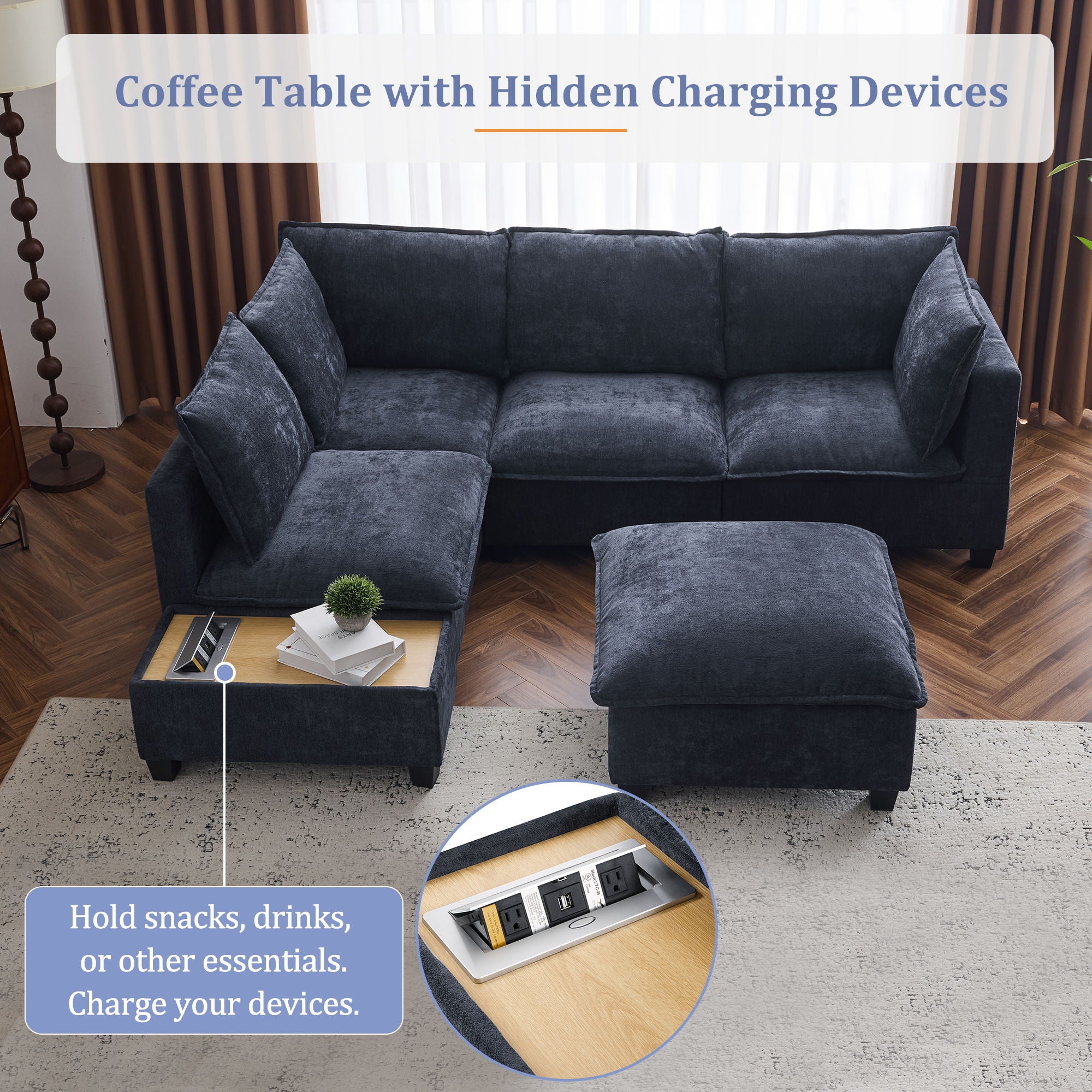 U-Shaped Sectional Modular Sofa With A Movable Ottoman, A Coffee Table With Hidden Charging Devices For Living Room