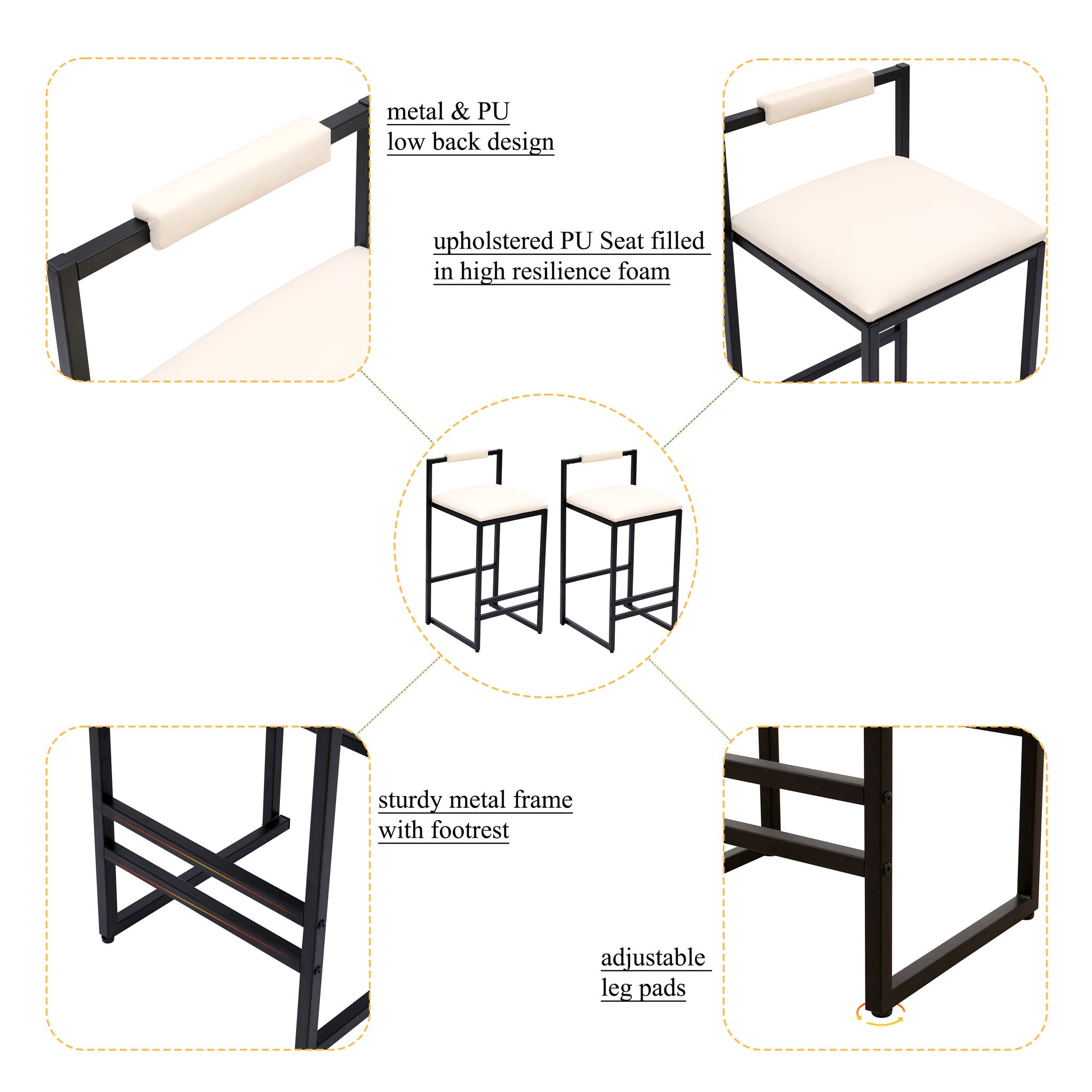 Elegant Bar Stool Set With Backrest And Footrest, Counter Height (Set of 2)