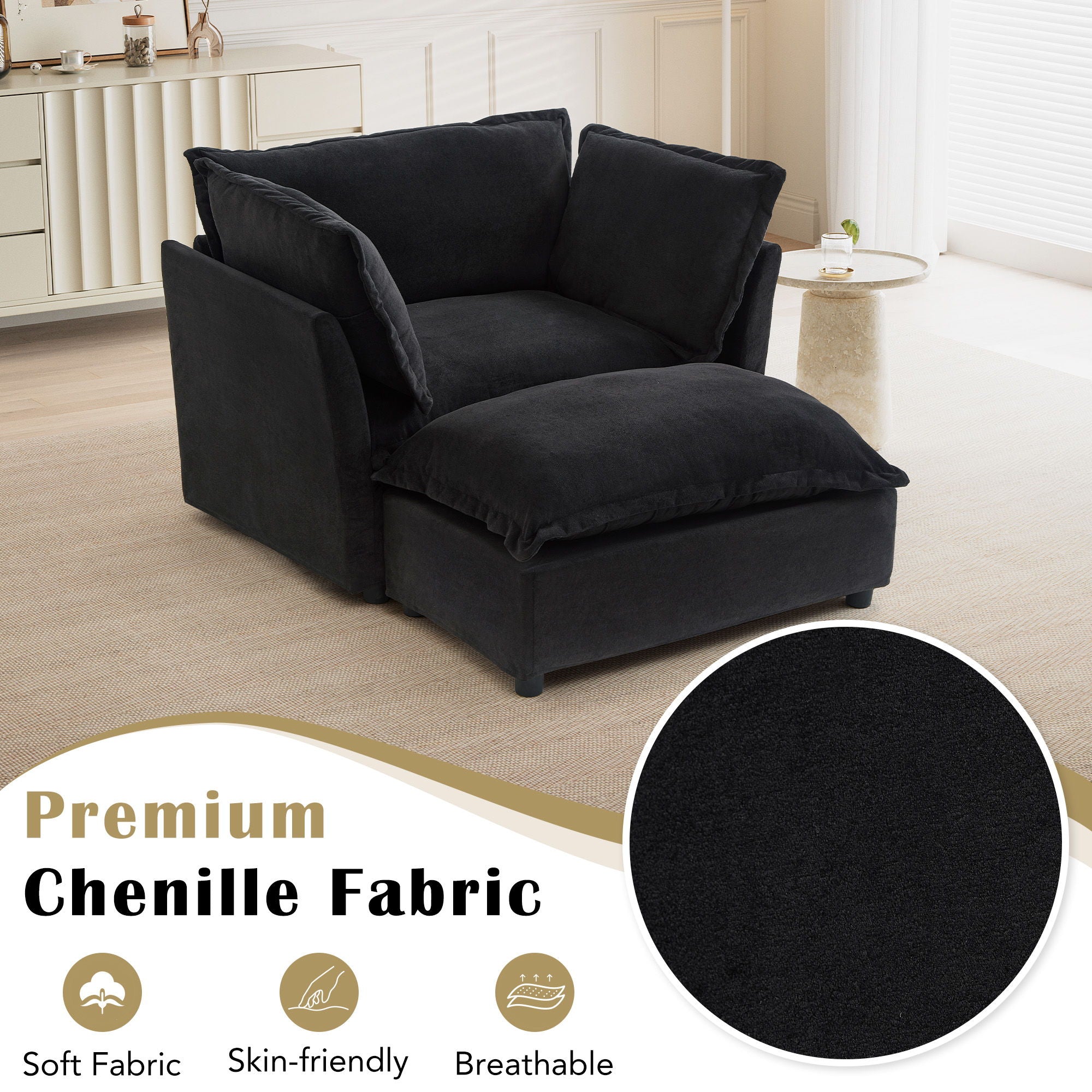 Modern Cozy Upholstered Armchair Sofa With Movable Ottoman