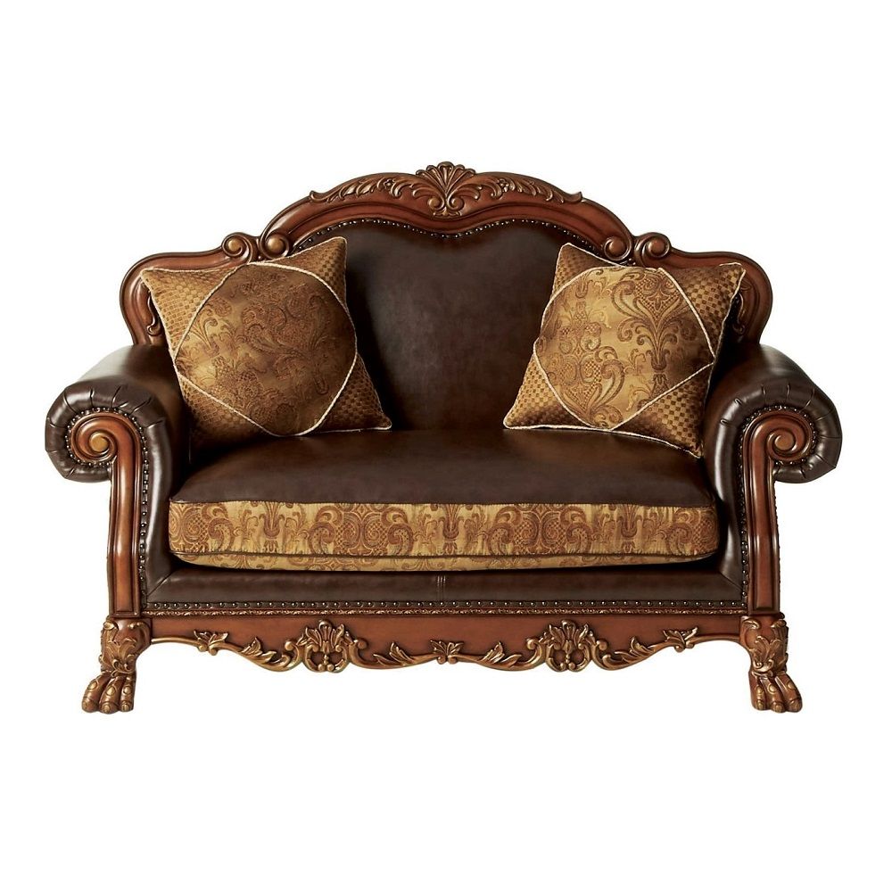 ACME Dresden - Loveseat - Brown PU & Chenille, Cherry Oak | Meri Furniture