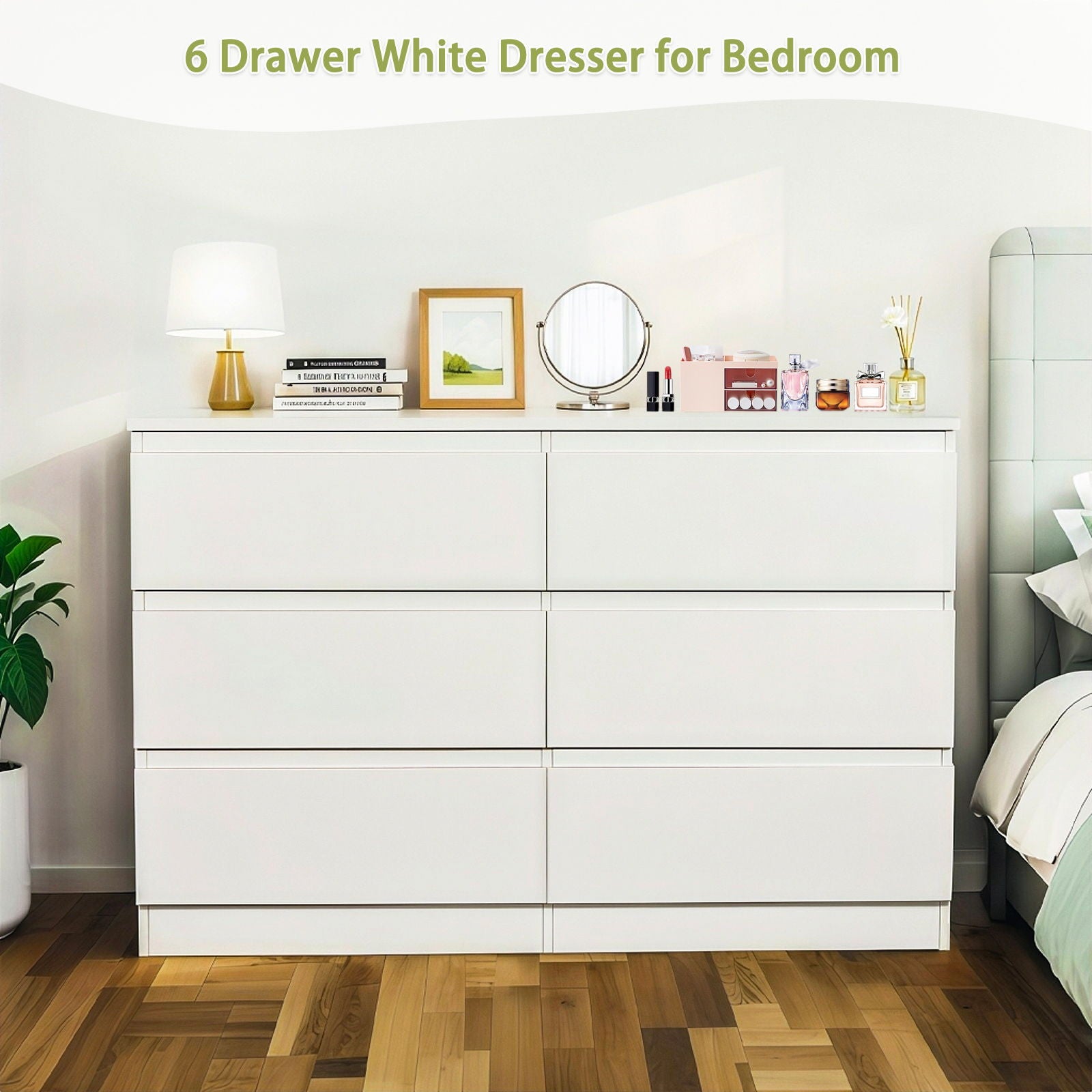 6 Drawer Dresser With Spacious Countertop And Concealed Handles