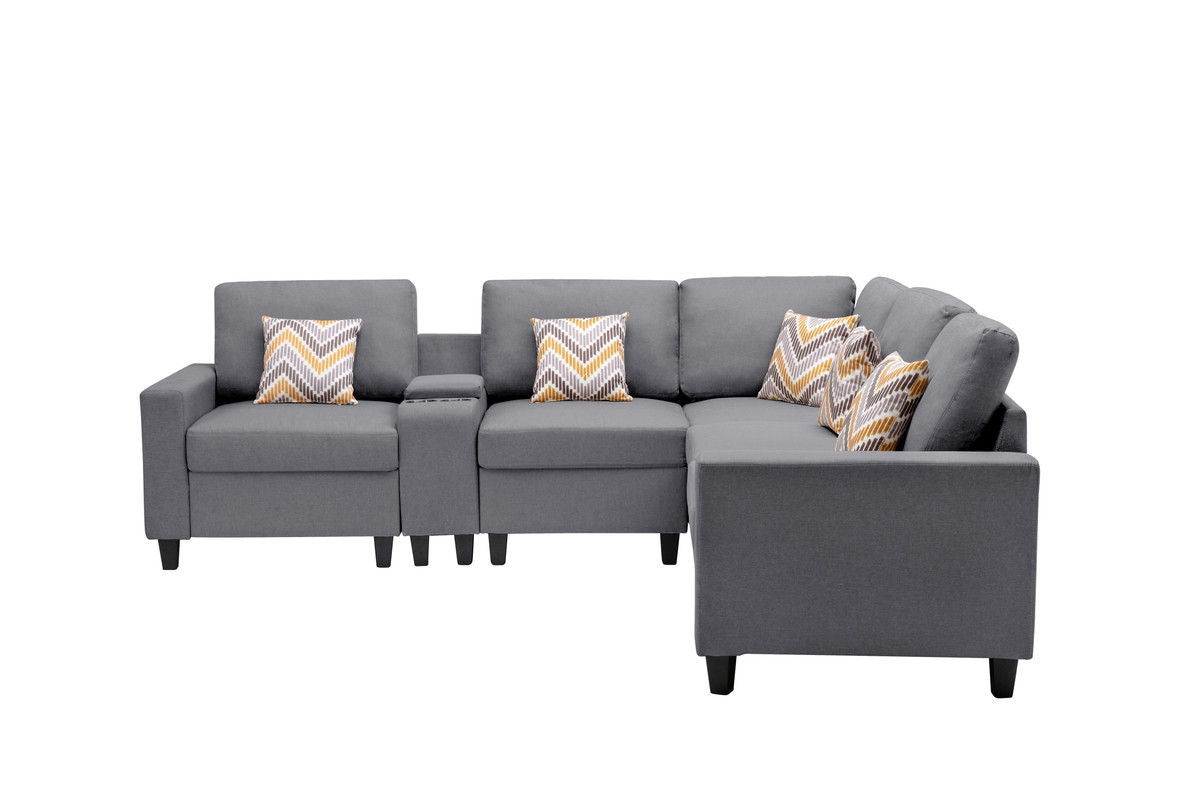 Nolan 106"W Gray Linen Fabric 6Pc Reversible Sectional Sofa with a USB, Charging Ports, Cupholders, Storage Console Table and Pillows and Interchangeable Legs