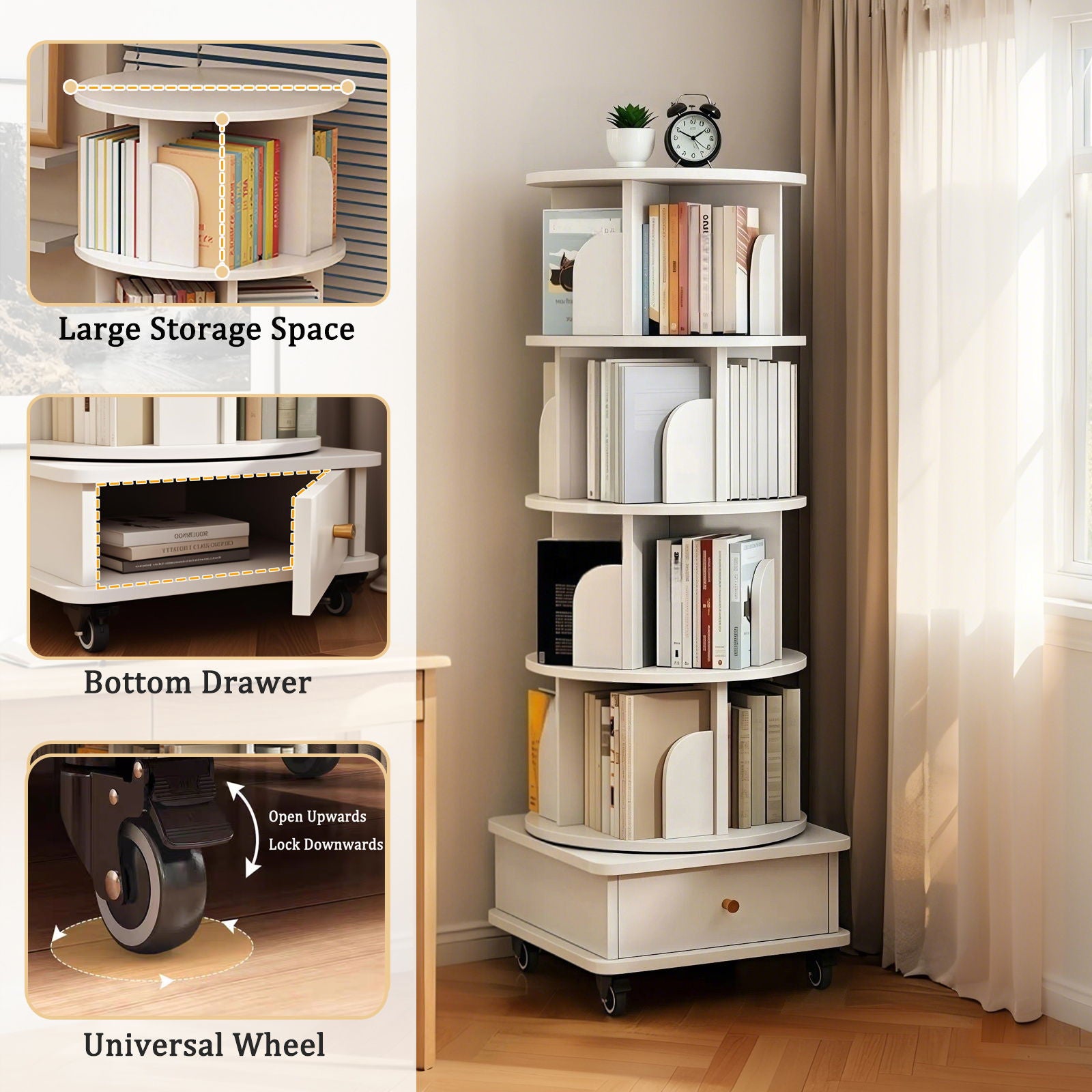Rotating Bookshelf With Wheels And Drawer, 360° Spinning Design, Space Saving Storage