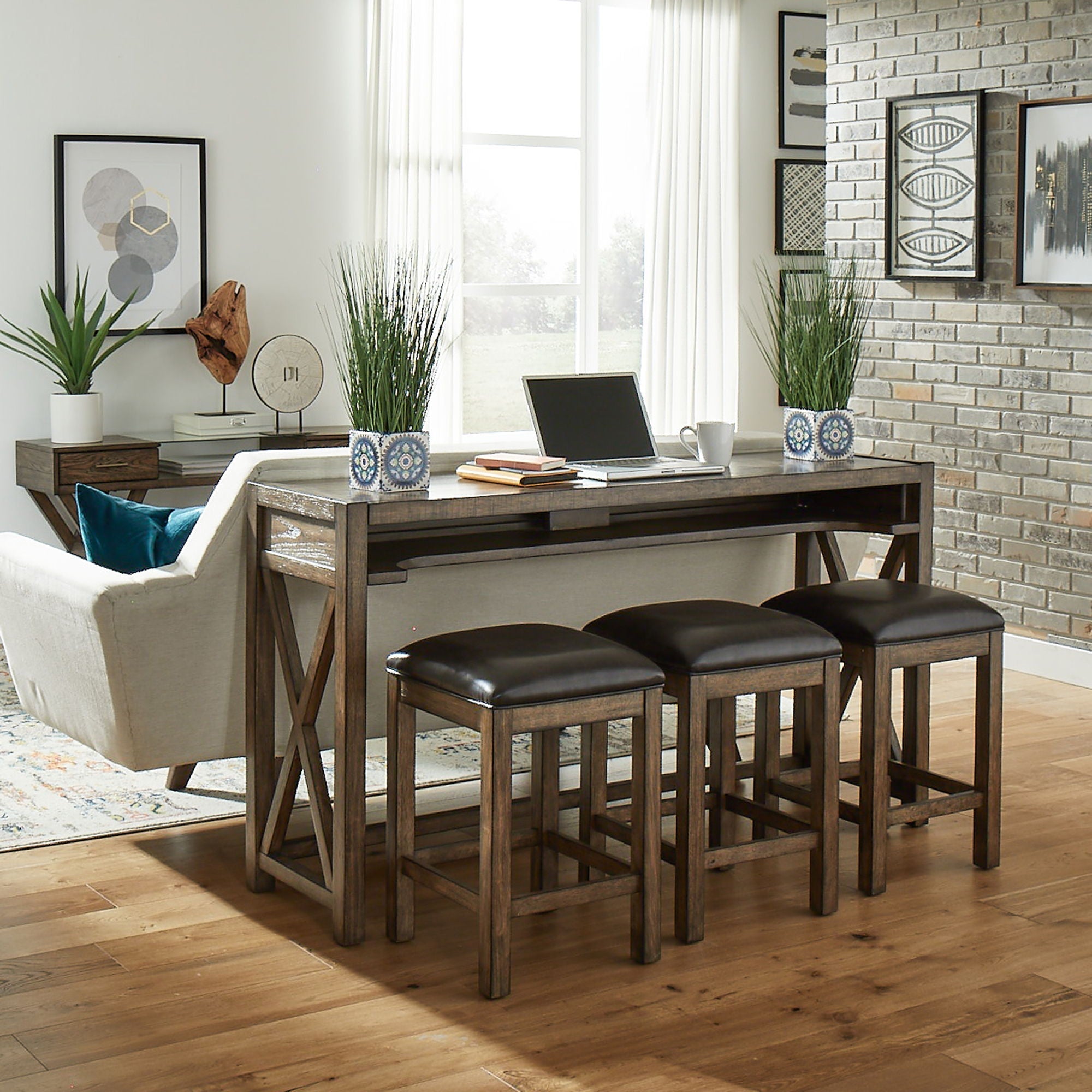Liberty Furniture Lennox - 4 Piece Console Set (Console 3 Stools) - Dark Brown | Meri Furniture
