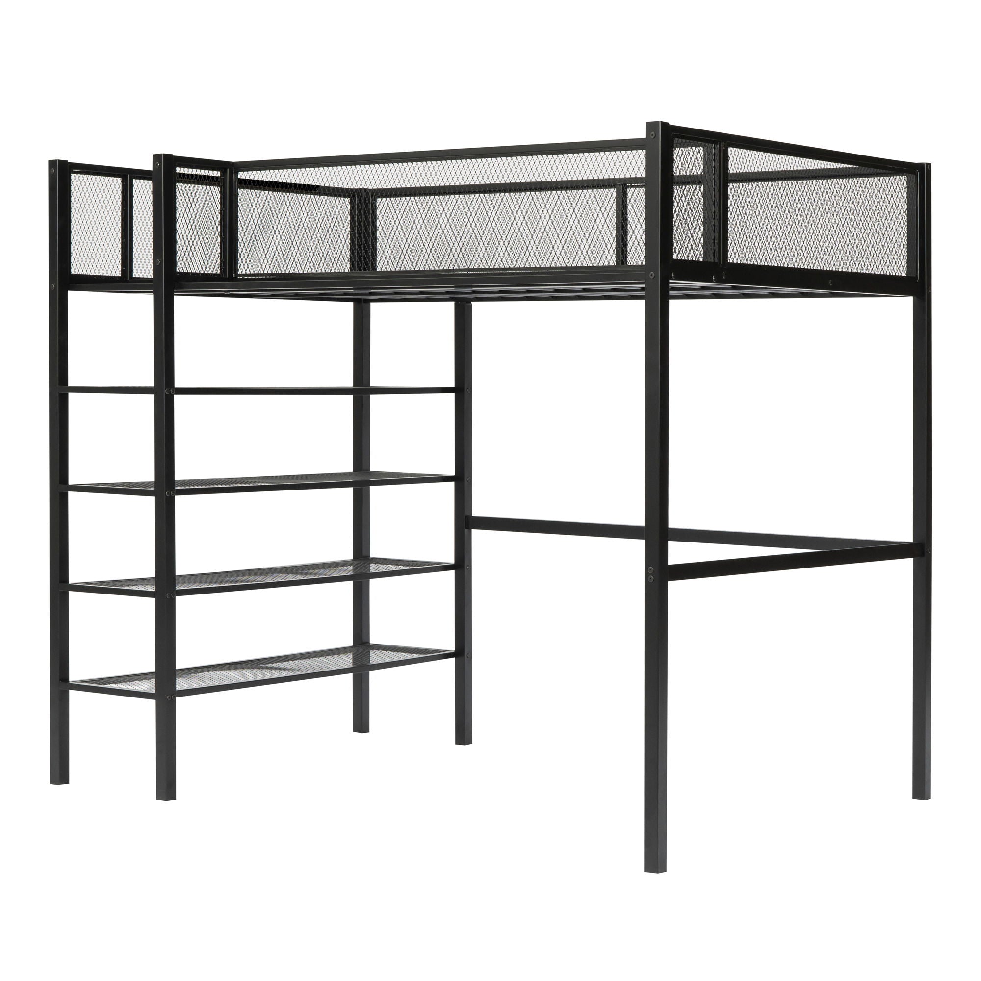 Loft Bed With 4 Tier Shelves And Storage