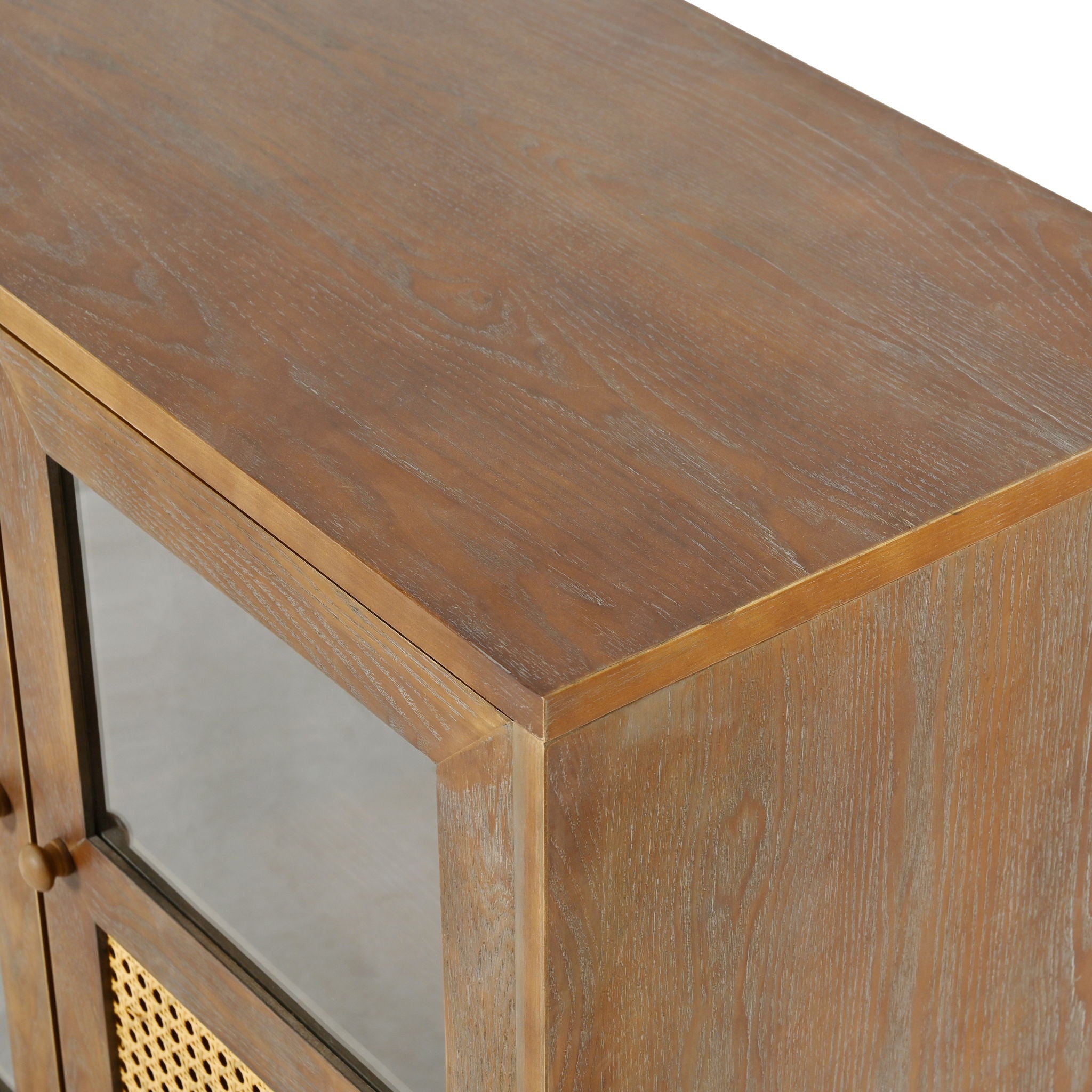 Retro Industrial 4 Door Sideboard With Large Storage, Rattan And Glass Doors