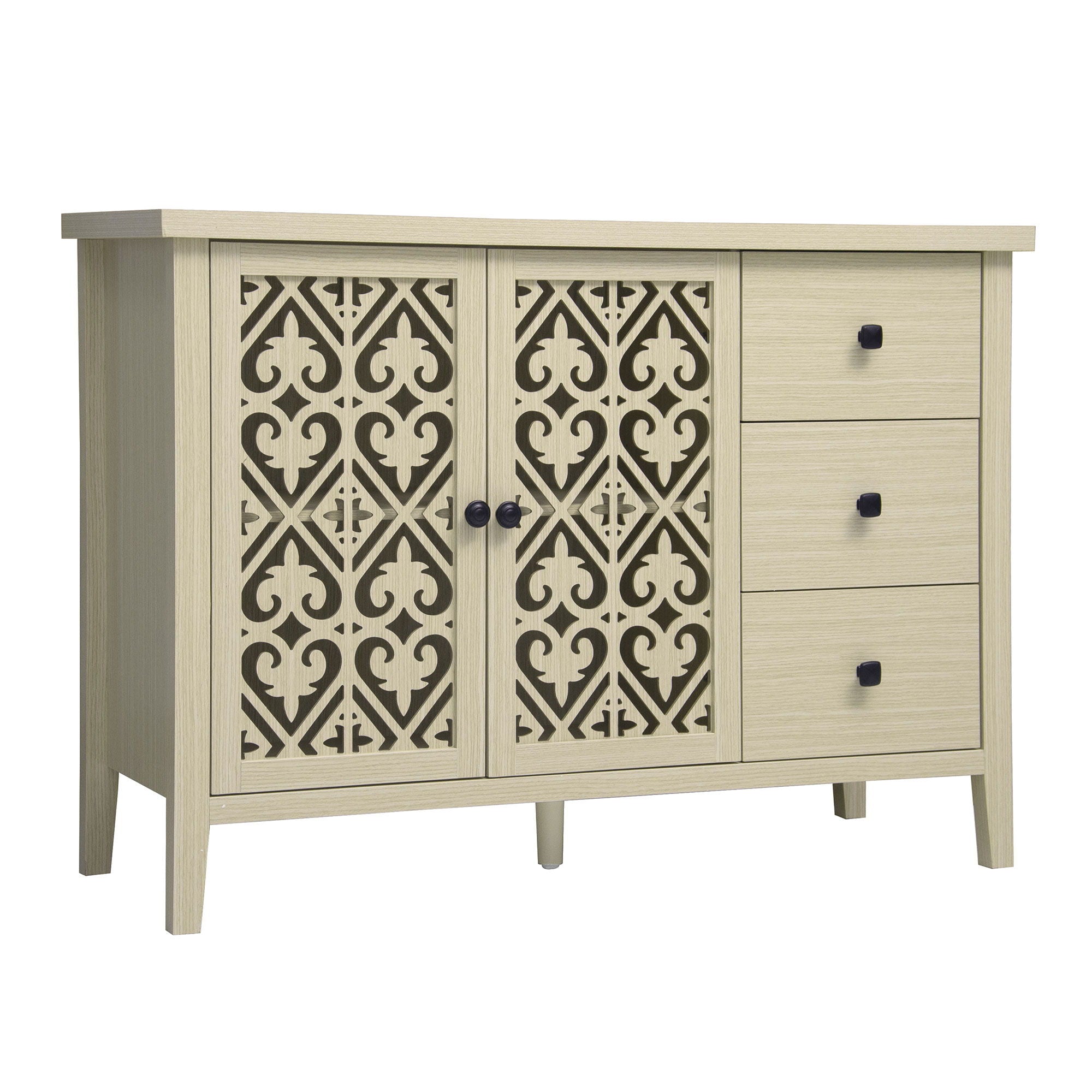 Hollowed Out Cabinet With 2 Door 3 Drawers, American Furniture, Suitable For Bedroom, Living Room, Study - Natural