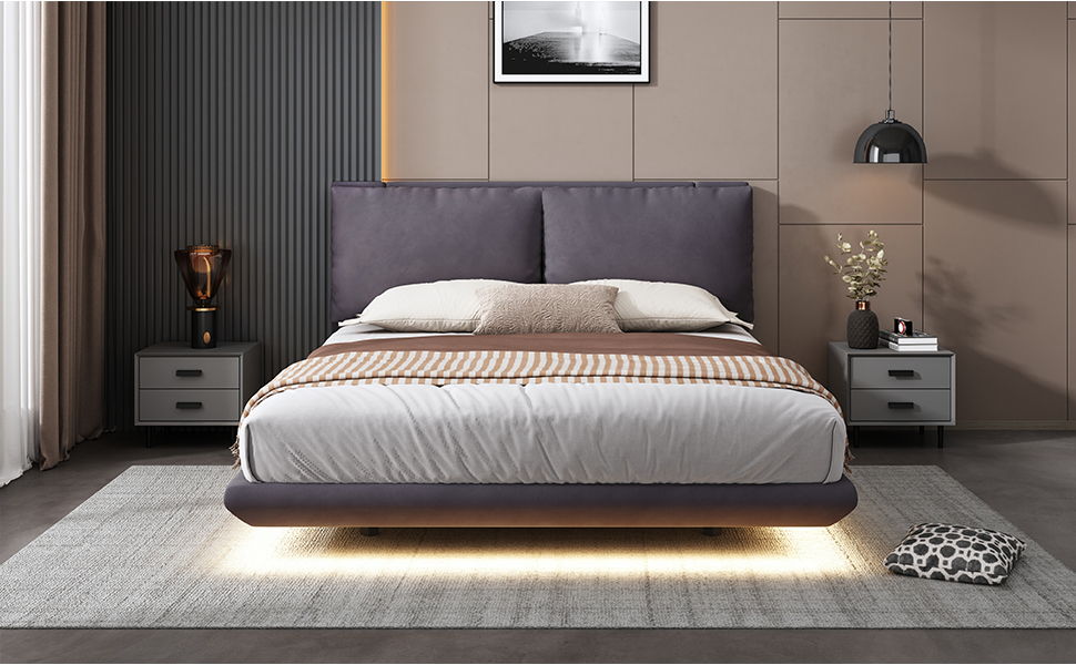 Upholstered Platform Bed With Sensor Light And 2 Large Backrests, With 2 Sets Of USB Port And Socket On Each Rear Bed Leg
