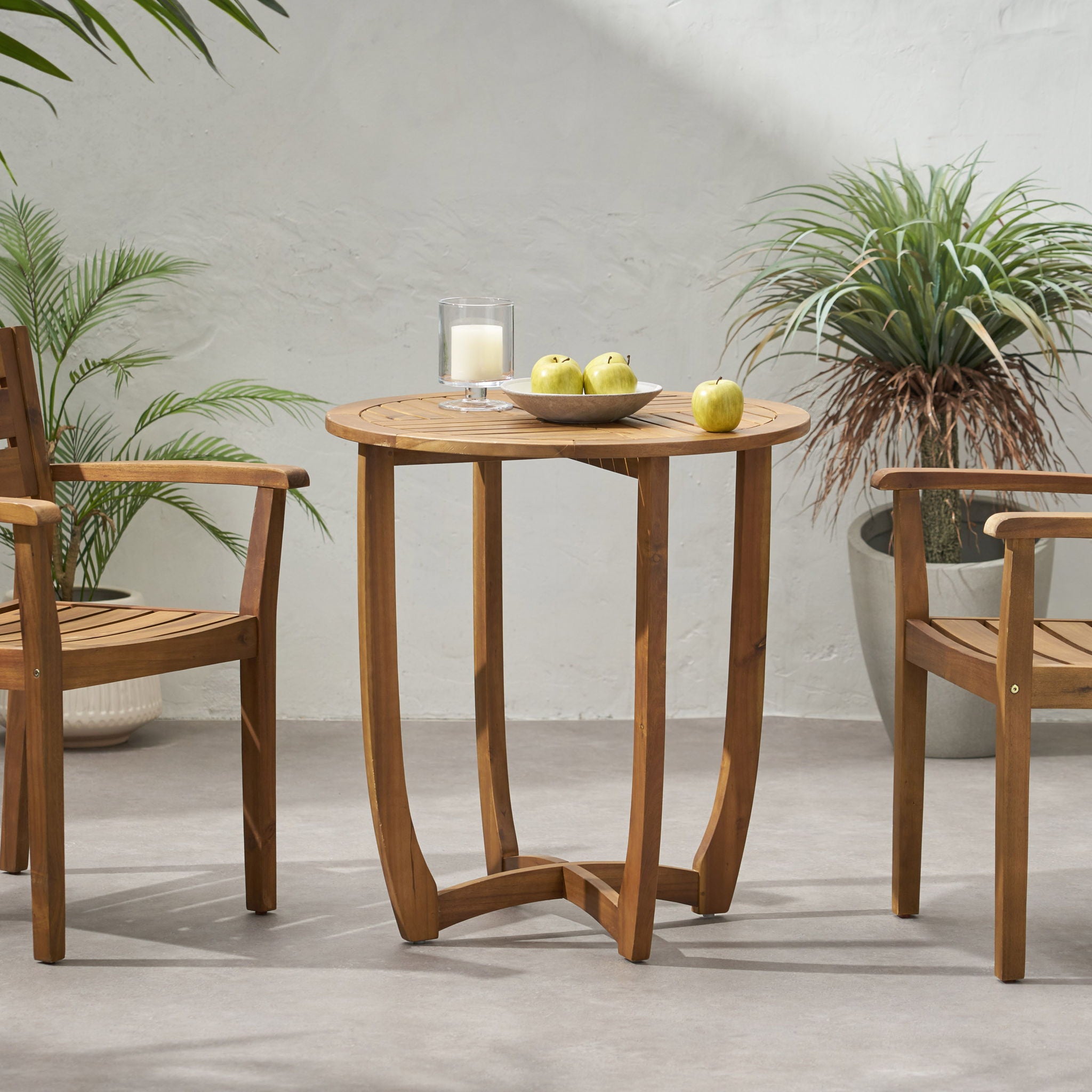 Outdoor Circular Wood Bistro Table With Curved Legs And Slat Panel Table Top - Teak