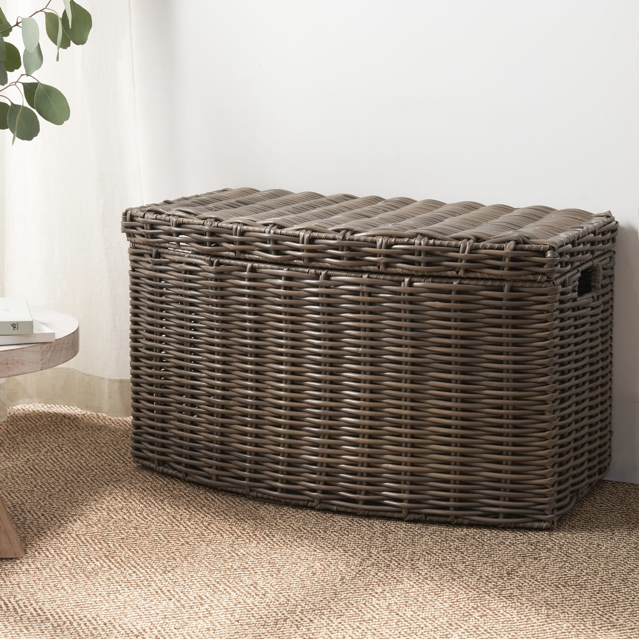 Joseph - Rectangular Curve Resin Woven Wicker Trunk With Handles Multi Purpose Storage - Walnut Brown
