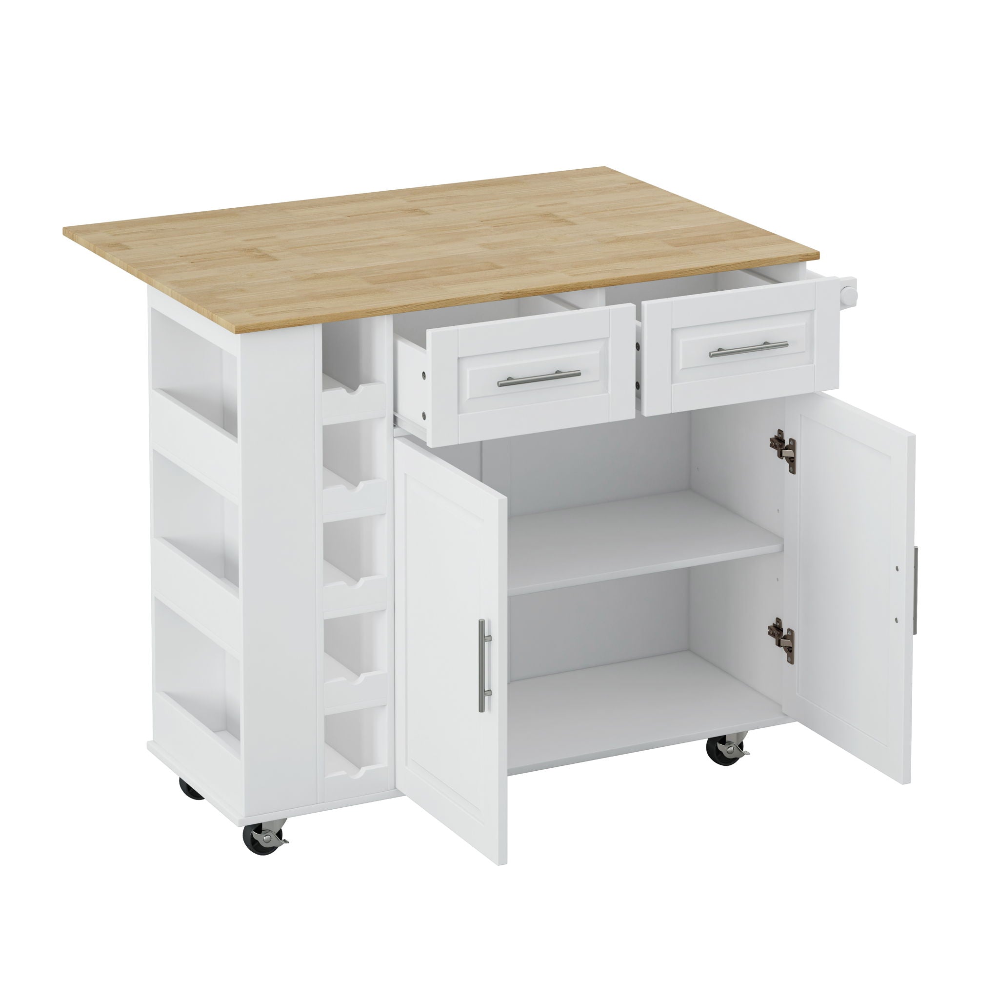 Kitchen Island Cart With 2 Door Cabinet, 2 Drawers, Spice Rack, Towel Holder, Wine Rack, And Foldable Top - White