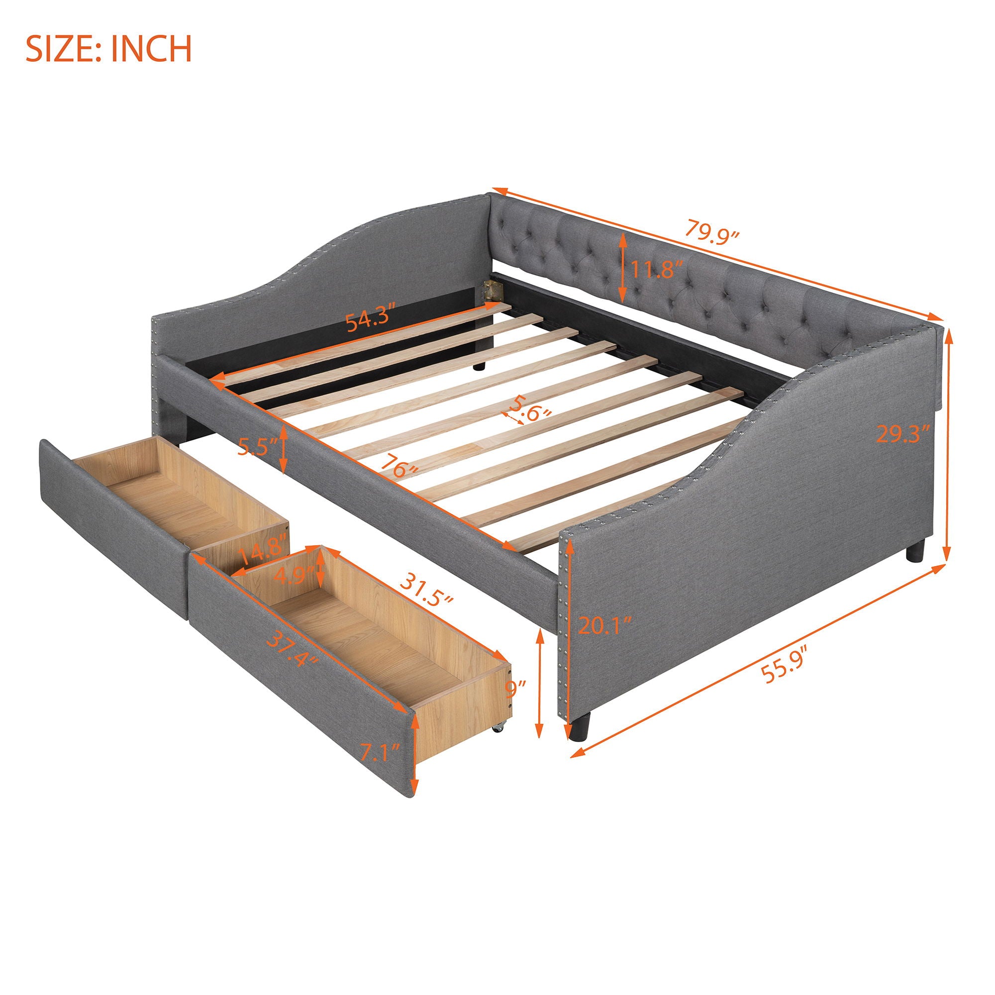 Upholstered Daybed With Two Drawers, Wood Slat Support