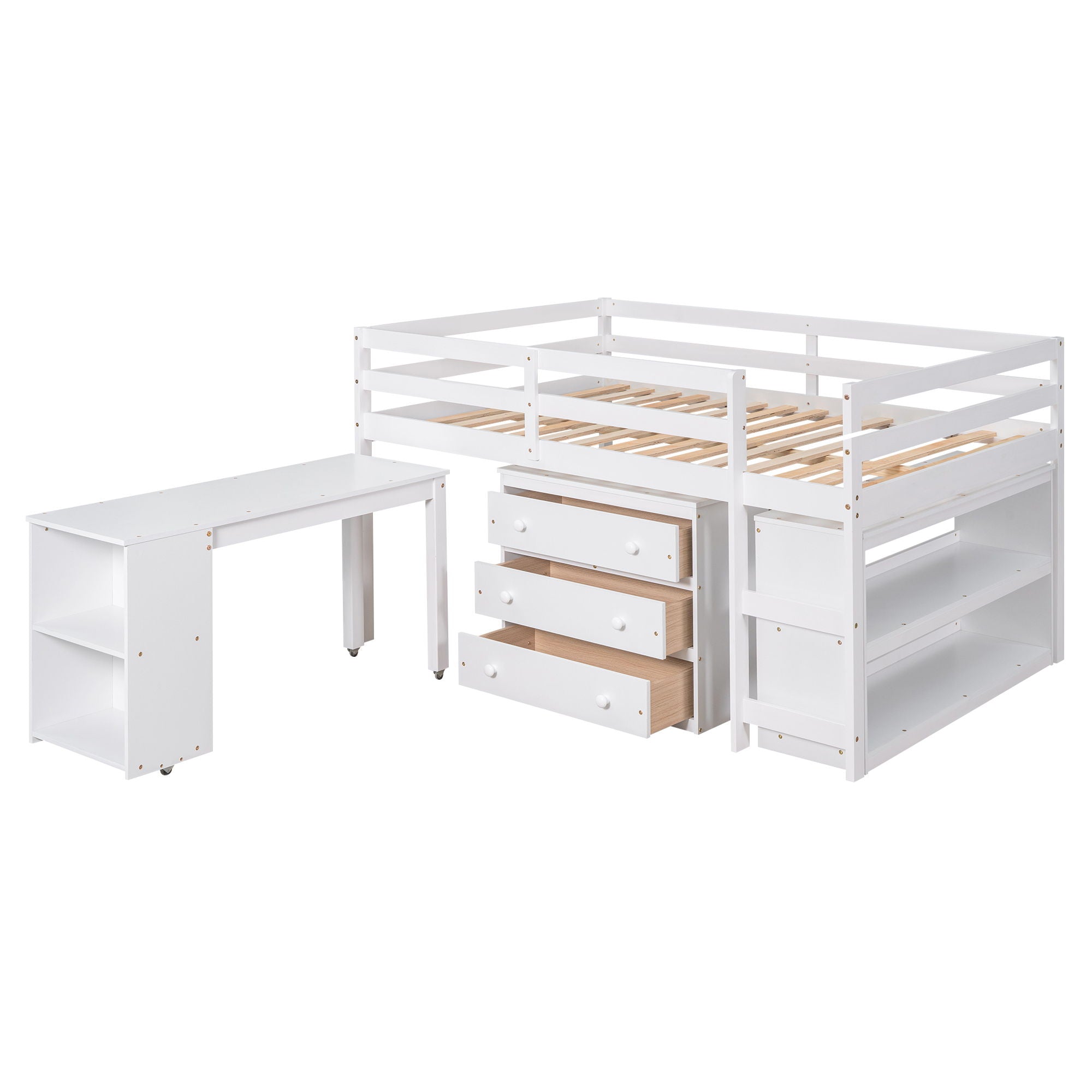 Loft Low Study Bed With Cabinet, Shelves And Rolling Portable Desk, Multiple Functions