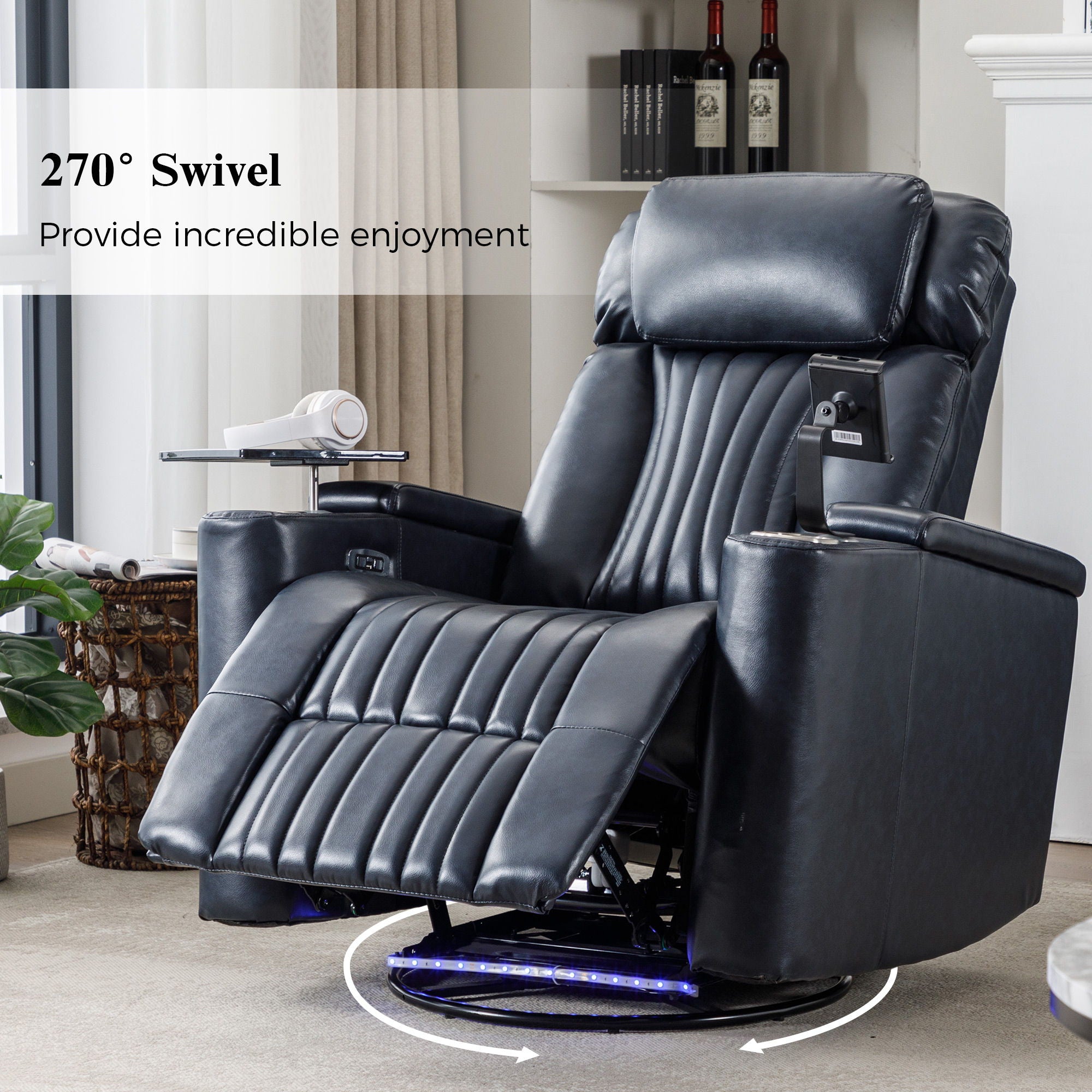 270° Power Swivel Recliner Home Theater Chair With Hidden Arm Storage, LED Light, Cup Holder, And Tray Table