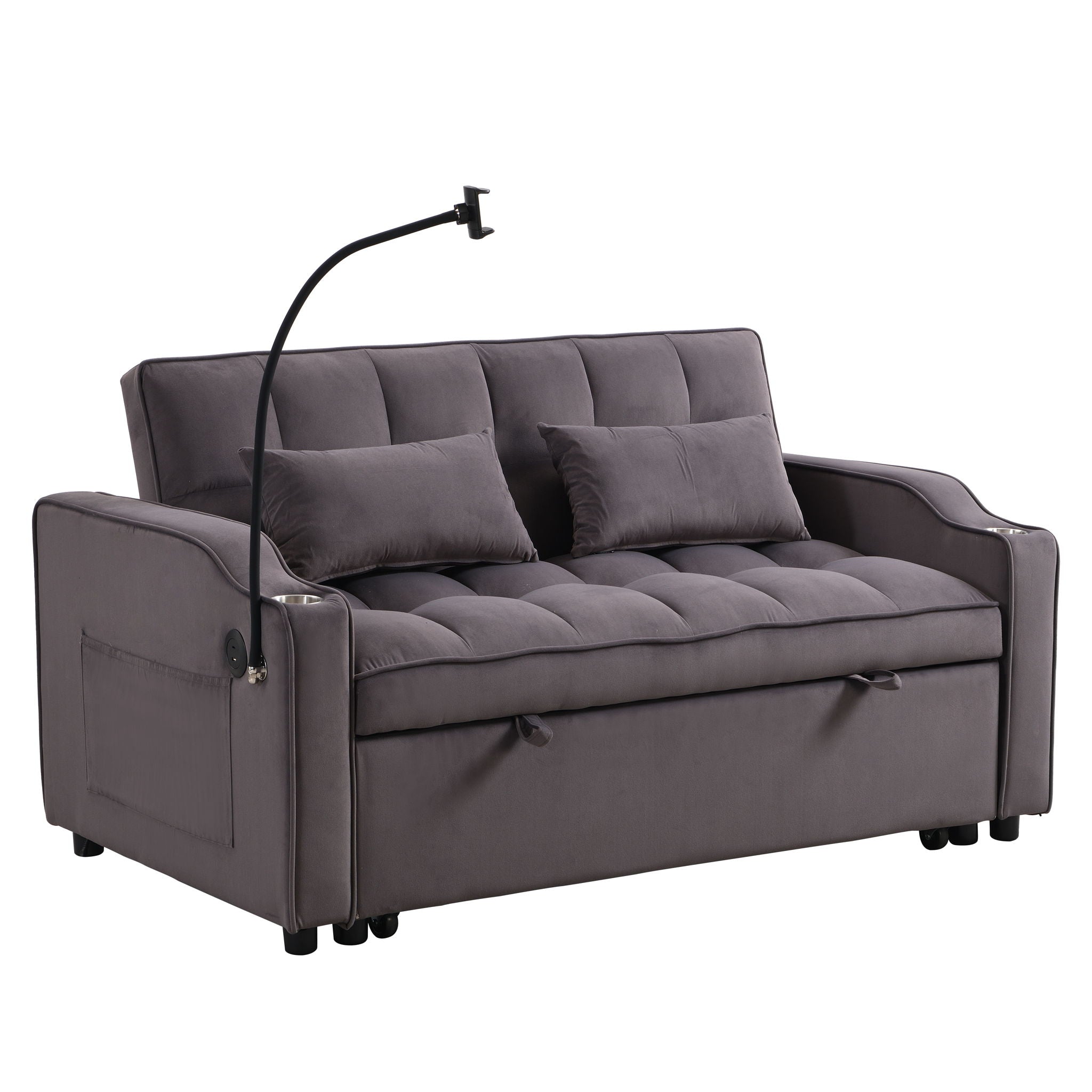 Modern Velvet Loveseat With Pullout Bed, Adjustable Reclining Backrest