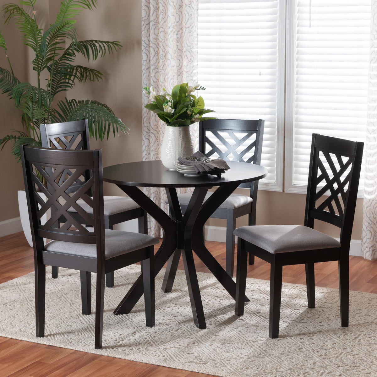 Norah Modern Grey Fabric and Dark Brown Finished Wood 5-Piece Dining Set