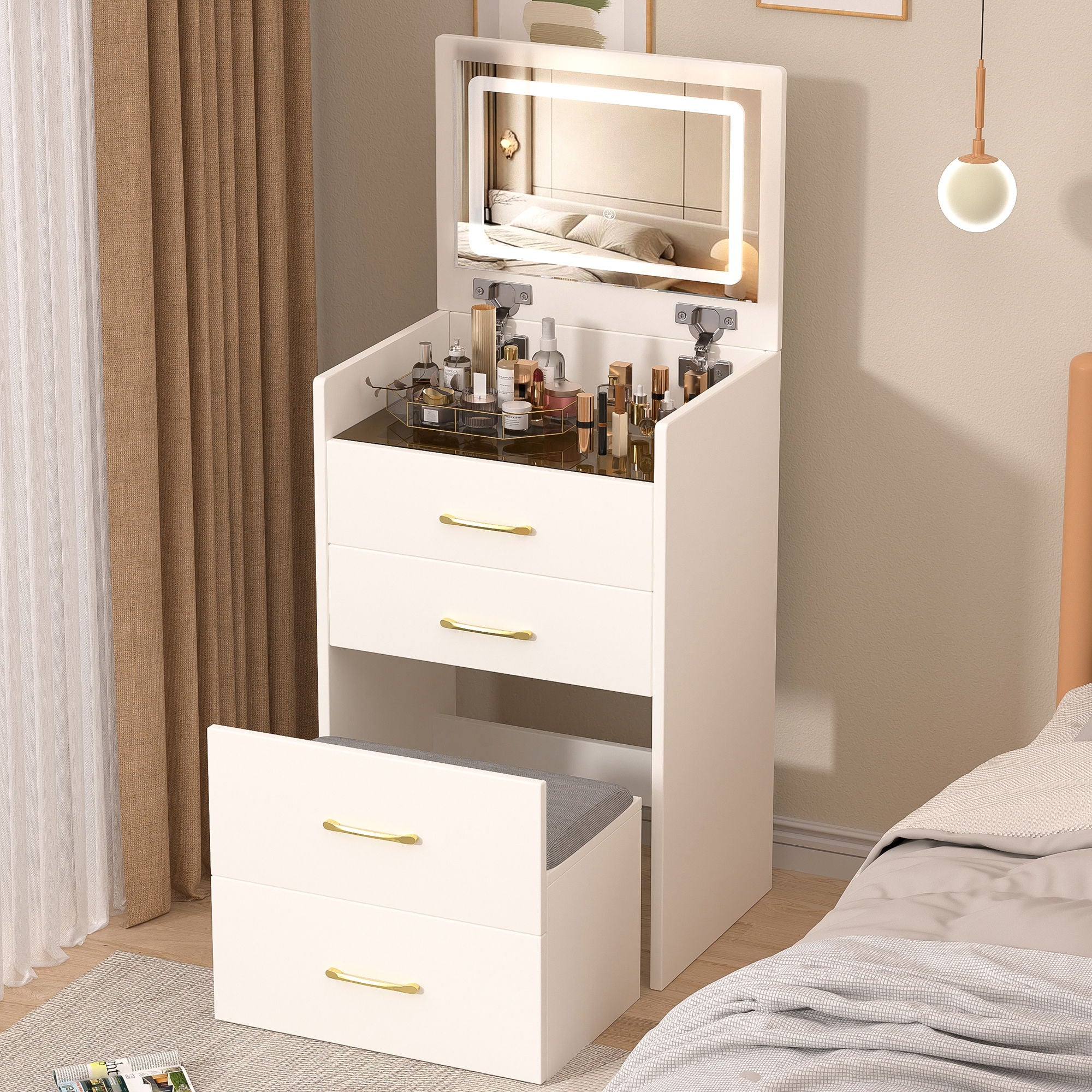 Compact 3 In 1 Vanity Desk With Open Top Mirror, Glass Desktop, 5 Height - White