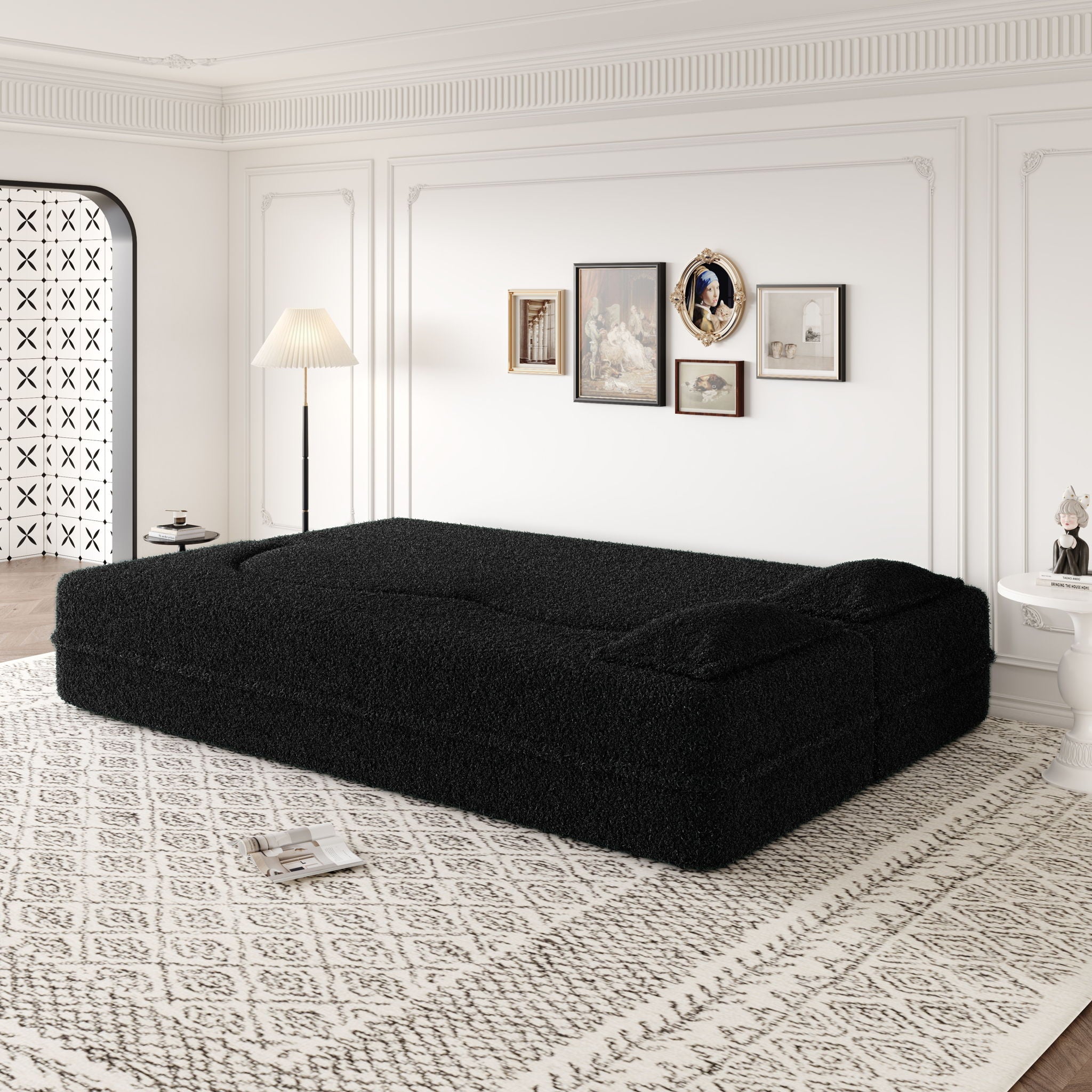 Modern Floor Sofa, With 2 Pillows, Convertible Teddy Fabric Foam Filled Bed