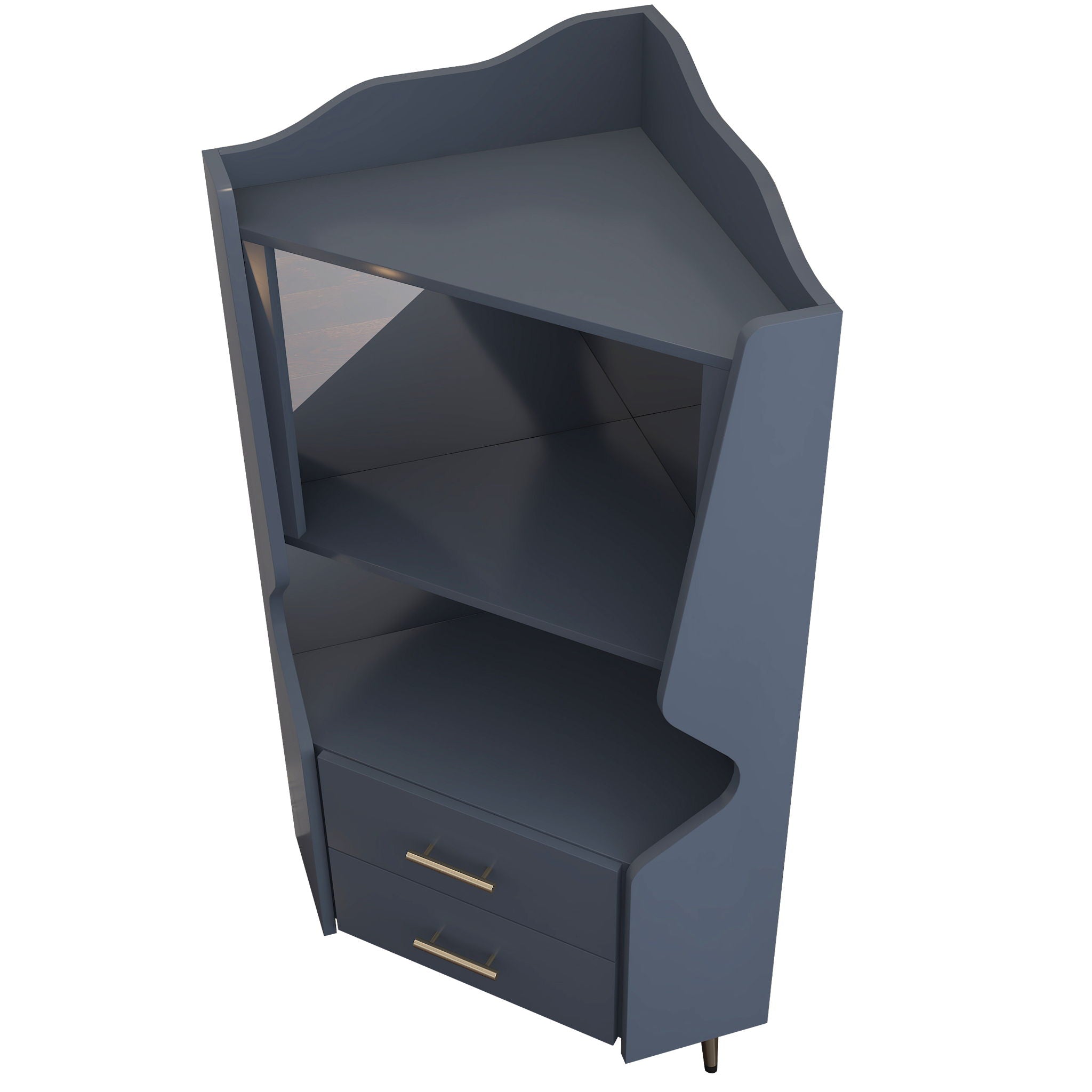 Corner Bar Cabinet With Mirrored Back, 2 Open Shelves & 2 Drawers, High Legs For Easy Cleaning