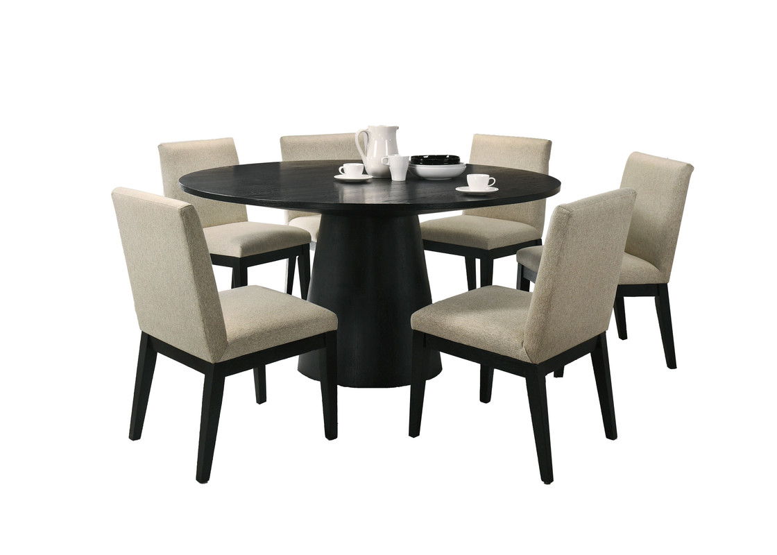 Jasper Ebony Black 7 Piece 59" Round Dining Table Set with Pedestal Base and Beige Fabric Chairs