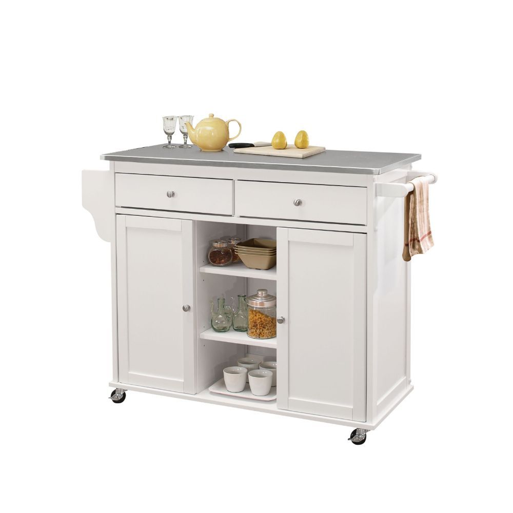 ACME Add storage space and charm to your kitchen with this Tullarick wheeled kitchen island. The stylish finish and natural wood top along with silver handles and pulls make this cart an adorable addition to cottage, contemporary or beach decor schemes. |