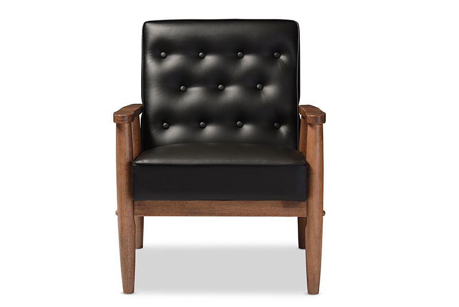 Sorrento Mid-century Retro Modern Black Faux Leather Upholstered Wooden Lounge Chair