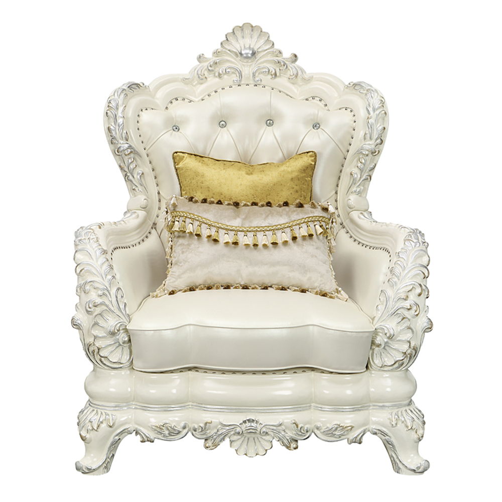 Adara - Chair With 2 Pillows - Pearl White Synthetic Leather & Antique White