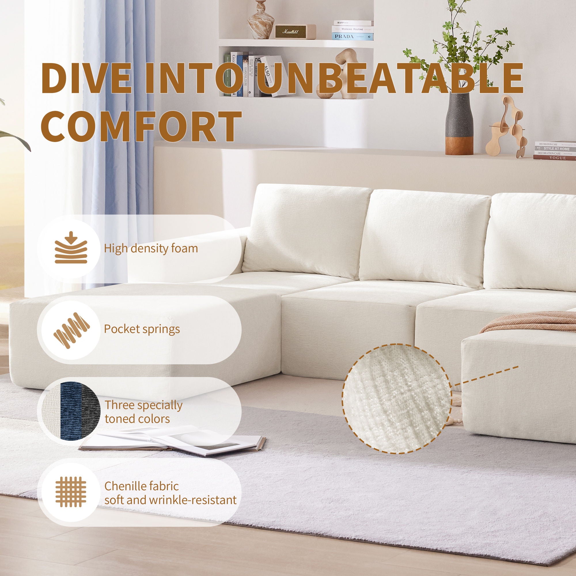 Modular U Shaped Sectional With Ottomans, Luxury Cloud Floor Couch With Deep Seat Fully Compressed Upholstered Sofa