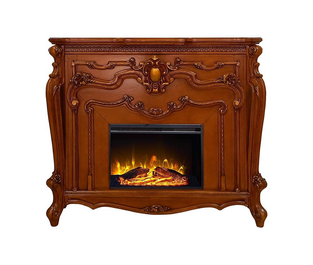 ACME Add a focal piece into any room with the ornate Picardy fireplace in a oak finish. The elaborate details of the mantel include winding carvings, medallion, and carved trim on top. | Meri Furniture