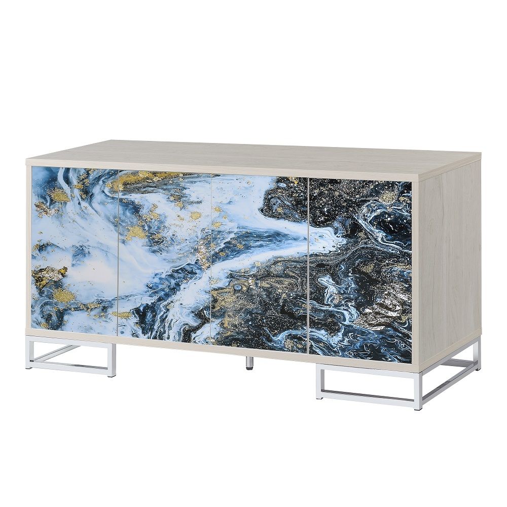 ACME Liam - Console Cabinet - Blue Marble Print & Chrome | Meri Furniture