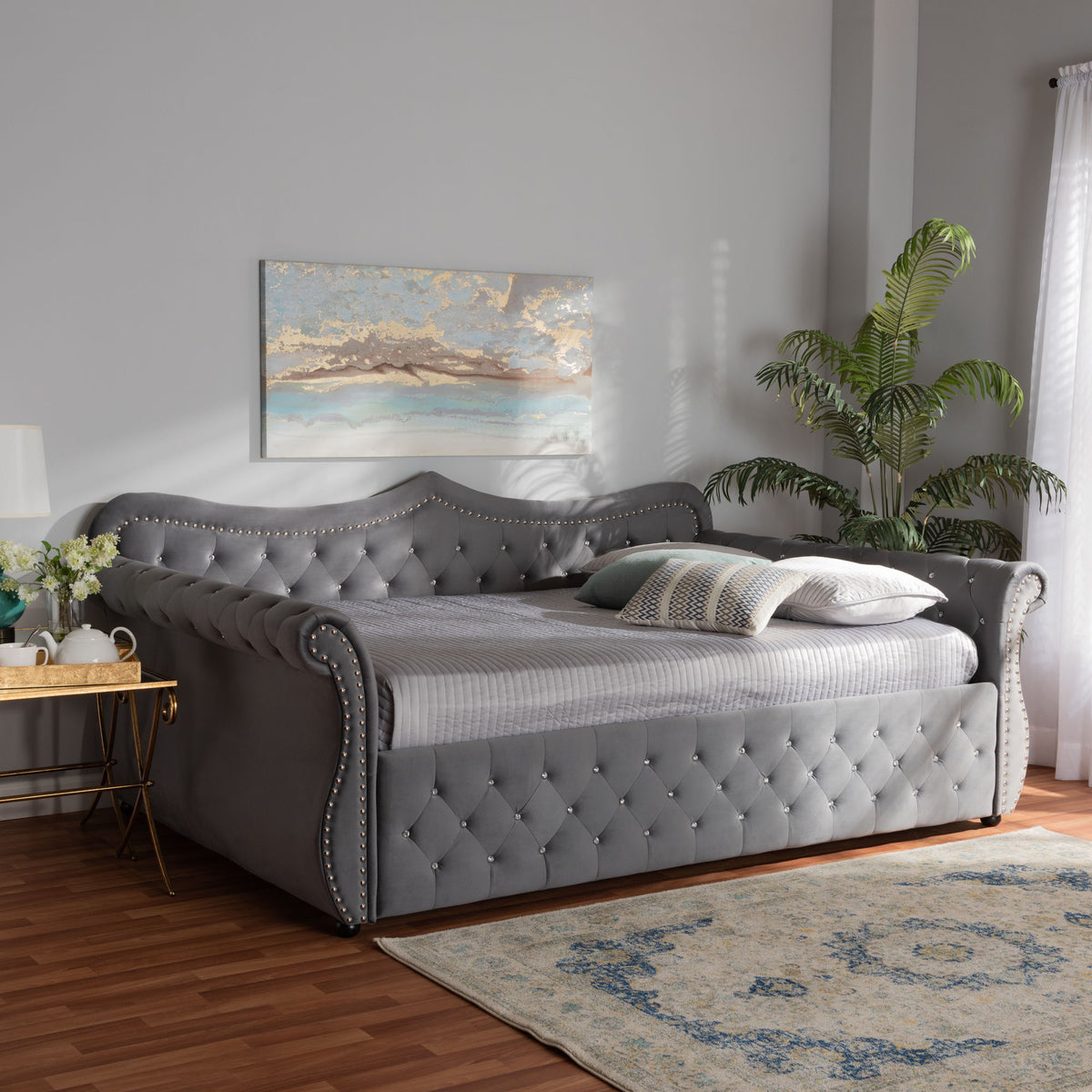 Abbie Traditional and Transitional Grey Velvet Fabric Upholstered and Crystal Tufted Queen Size Daybed